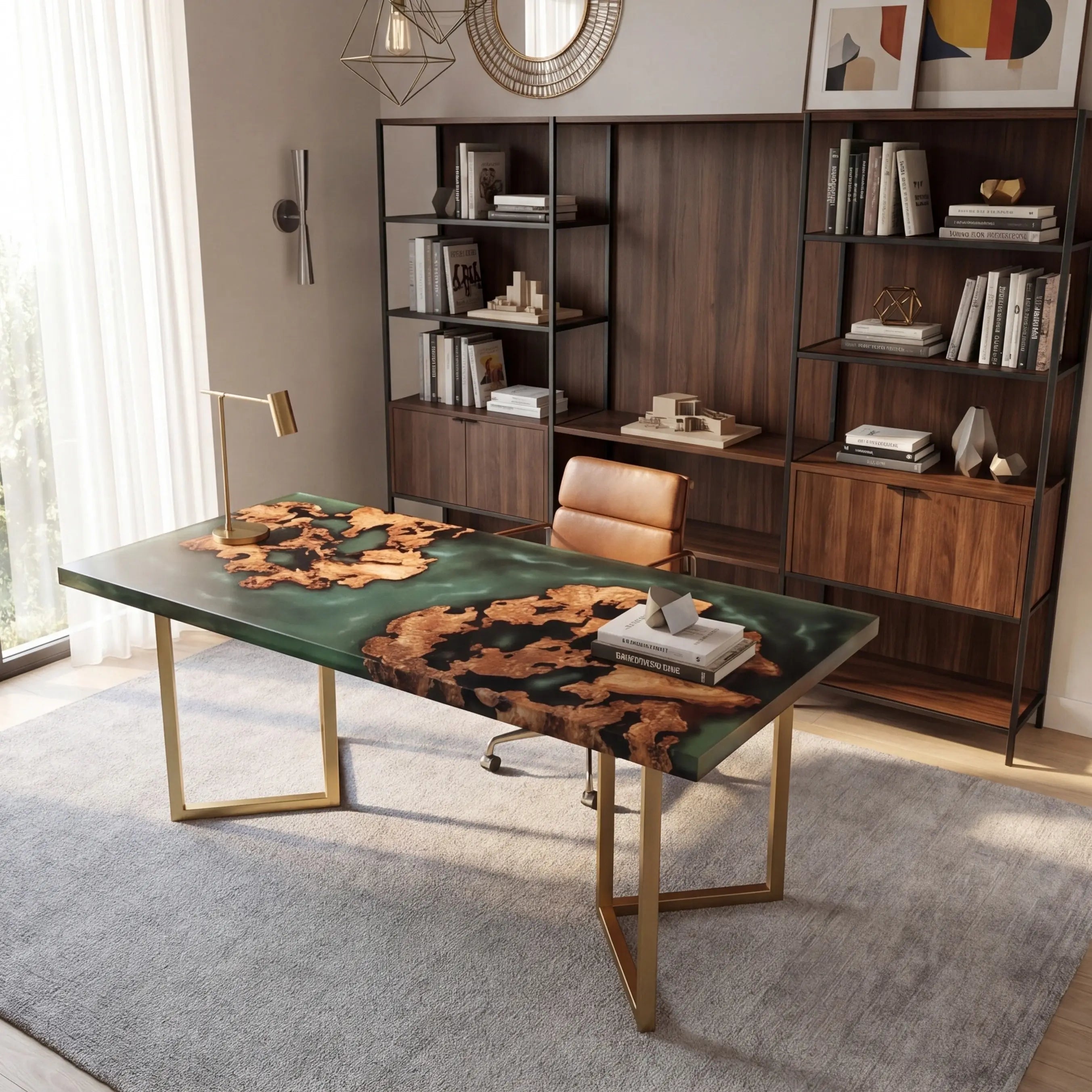Custom Olive Burl Wood and Cloudy Jade Resin “Nebula” Series Desk