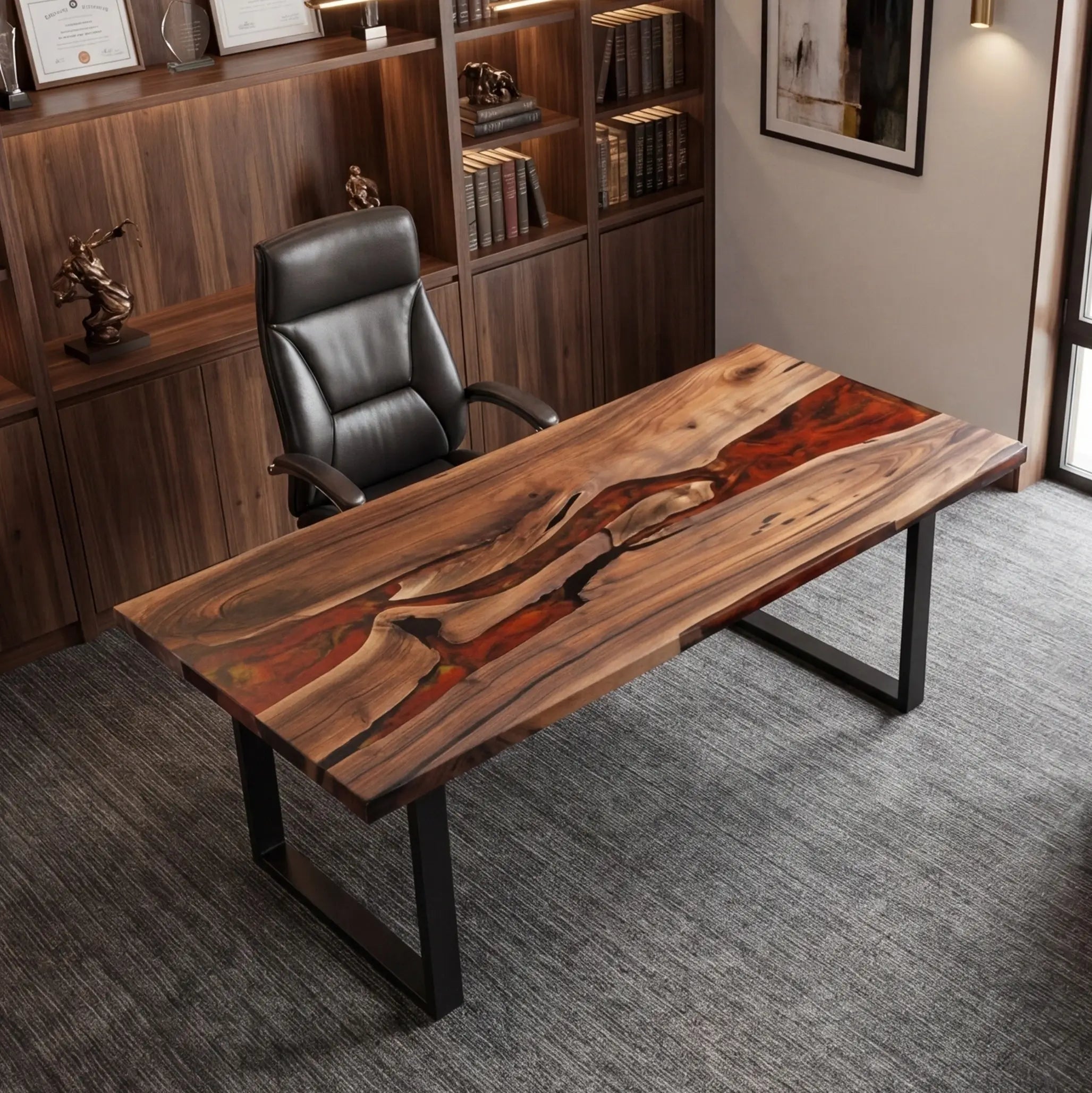 Custom Walnut and Fiery Orange Resin “Magma” Series Desk