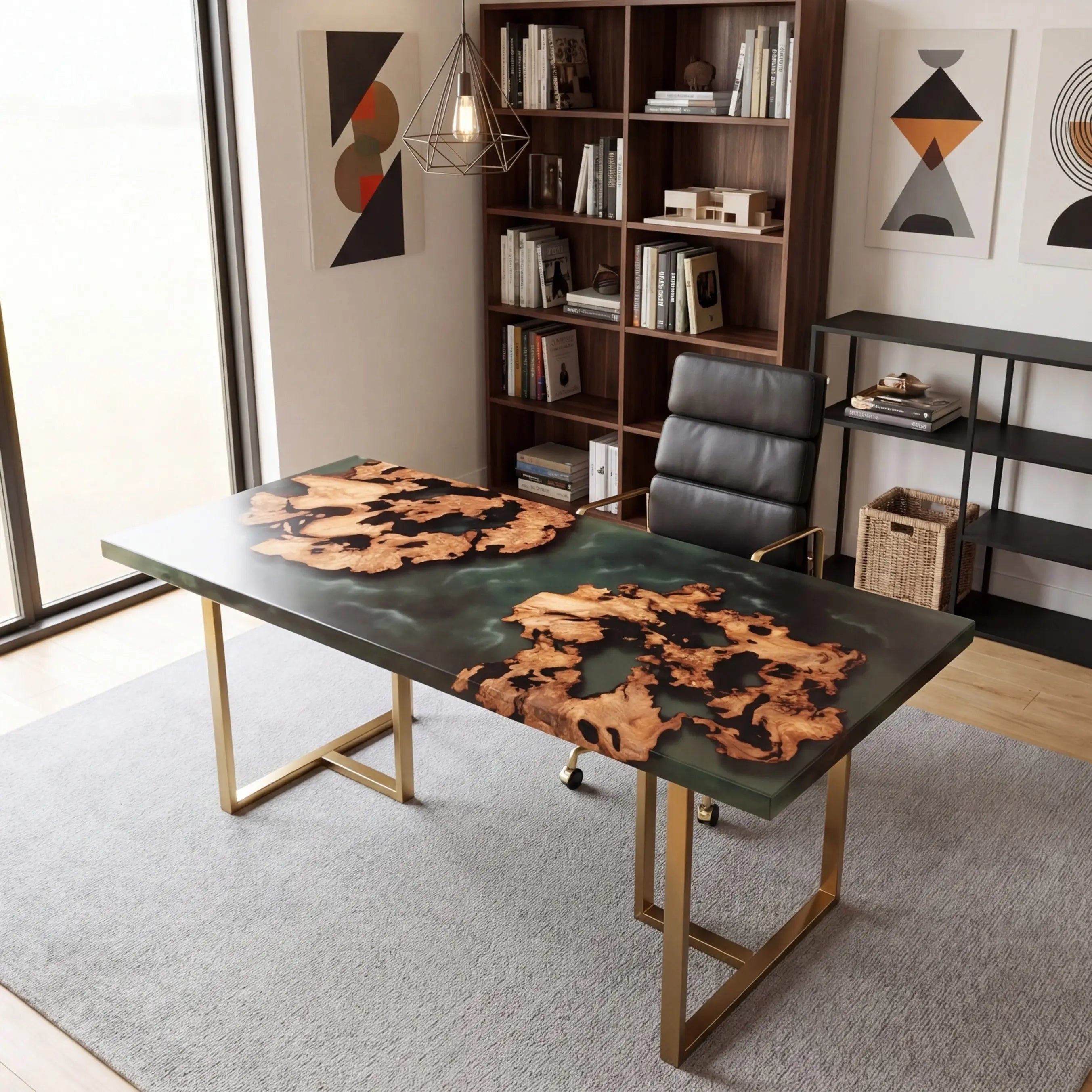 Custom Olive Burl Wood and Cloudy Jade Resin “Nebula” Series Desk