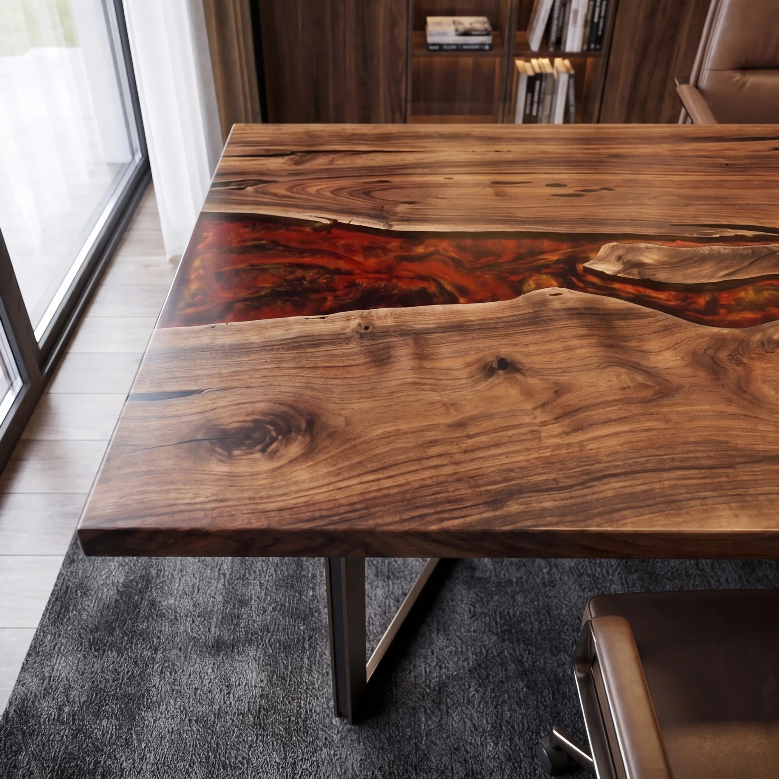 Custom Walnut and Fiery Orange Resin “Magma” Series Desk