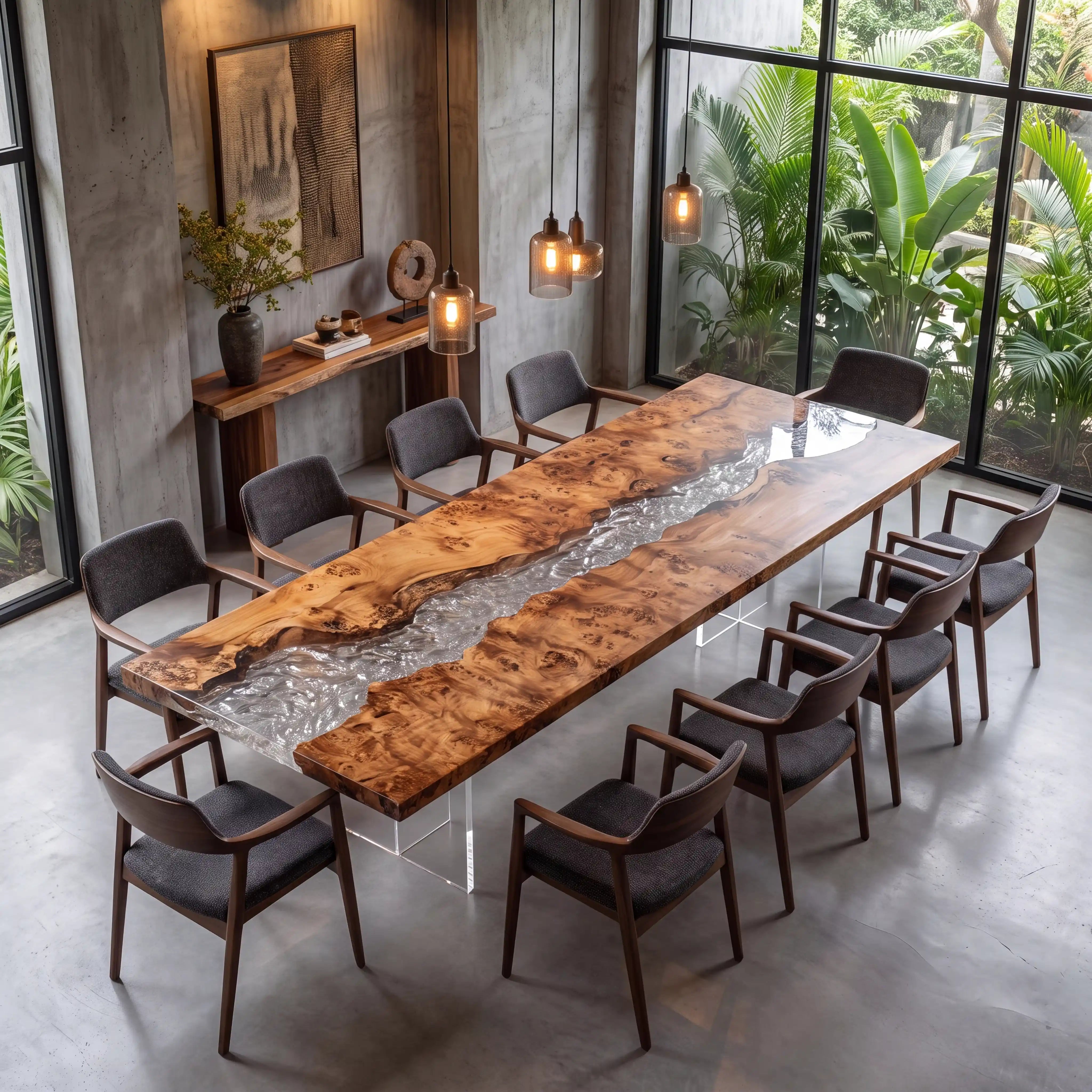 135"x39"x2" Poplar Burl Wood & Textured Clear Resin Rectangular Dining Table PRD9