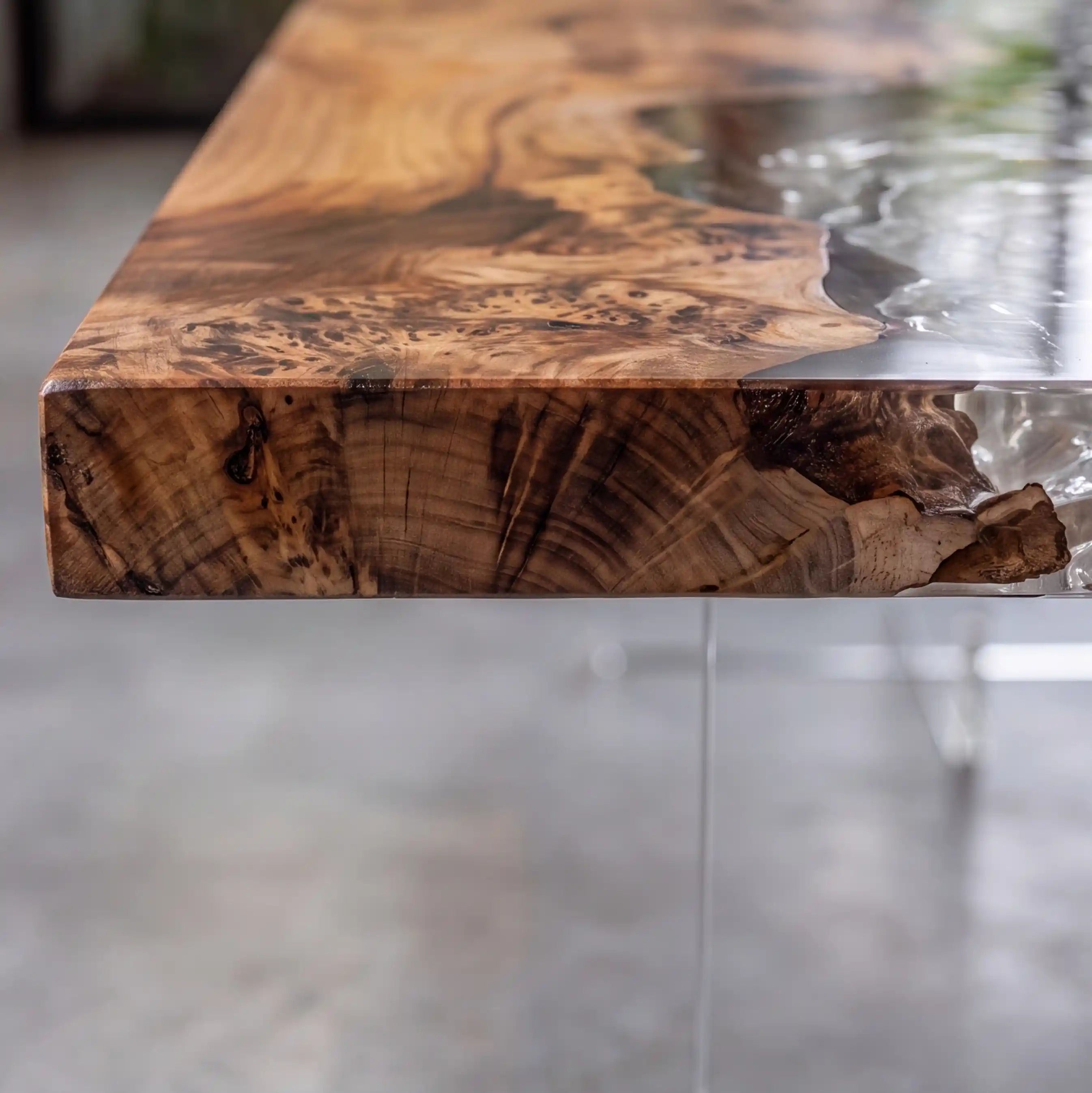 135"x39"x2" Poplar Burl Wood & Textured Clear Resin Rectangular Dining Table PRD9