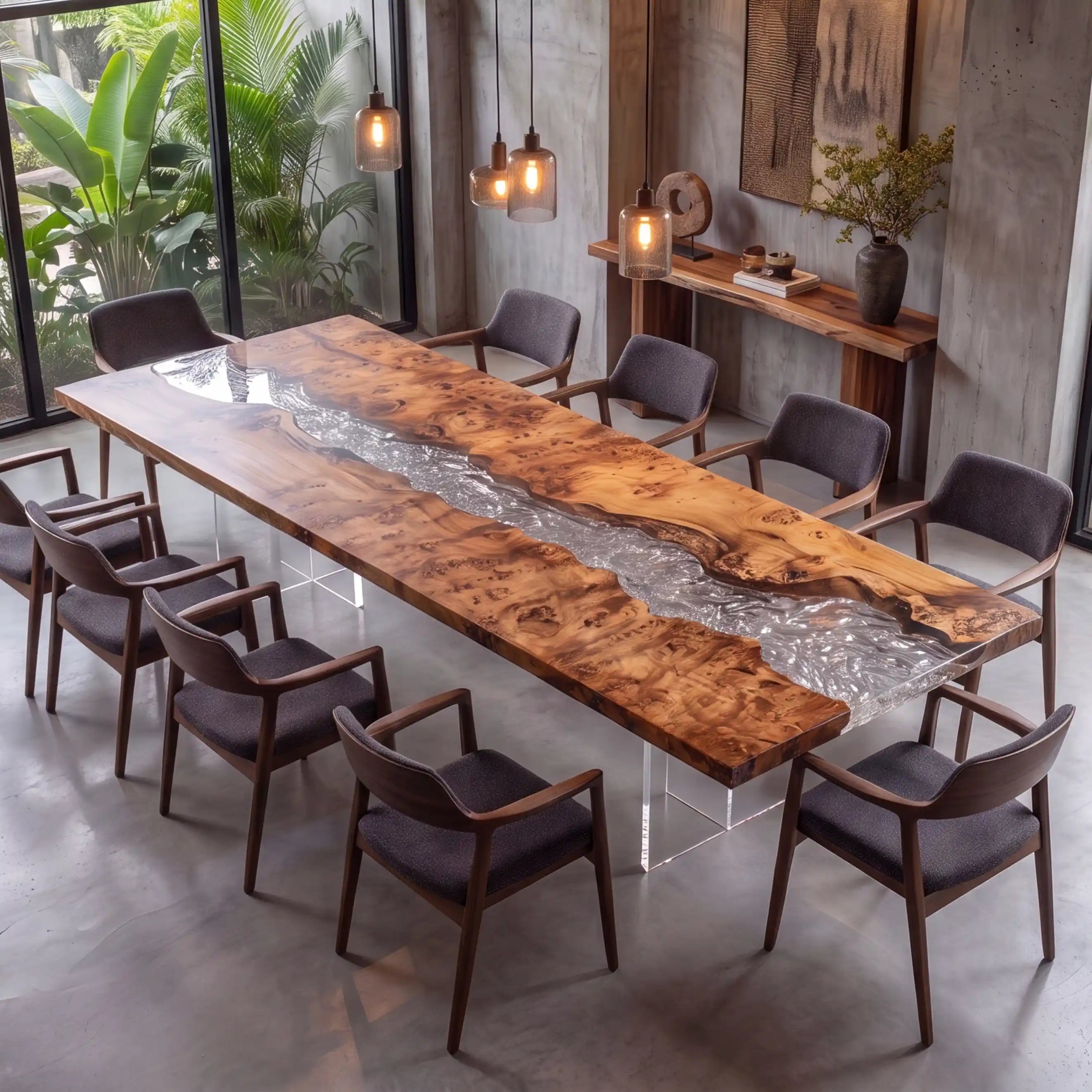 135"x39"x2" Poplar Burl Wood & Textured Clear Resin Rectangular Dining Table PRD9