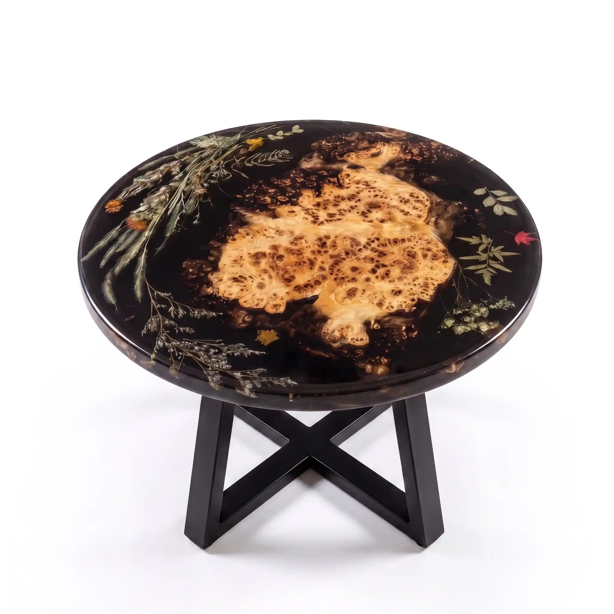 24"x24"x2" Poplar Wood & Botanical Black Resin Round Coffee Table PRC7