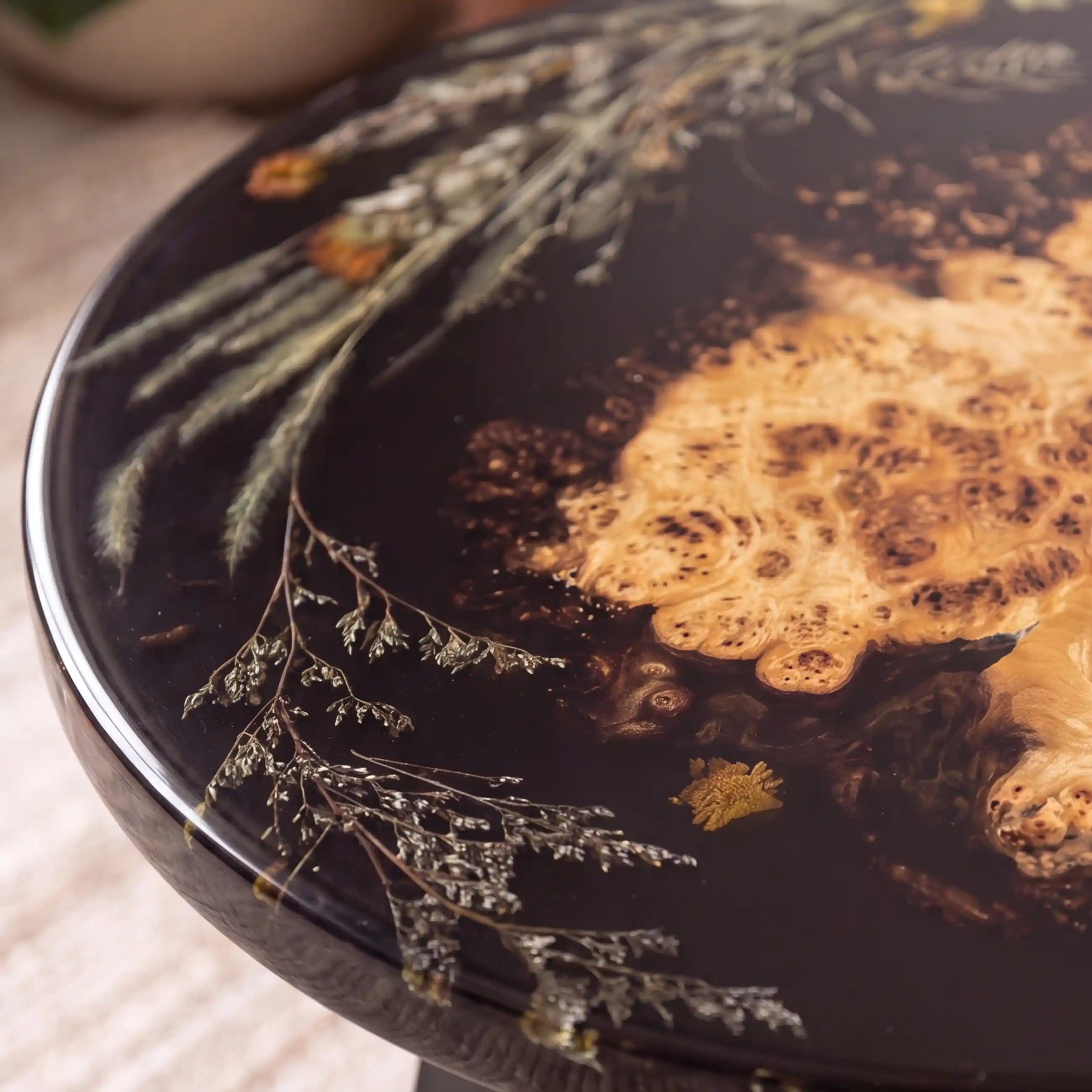 24"x24"x2" Poplar Wood & Botanical Black Resin Round Coffee Table PRC7