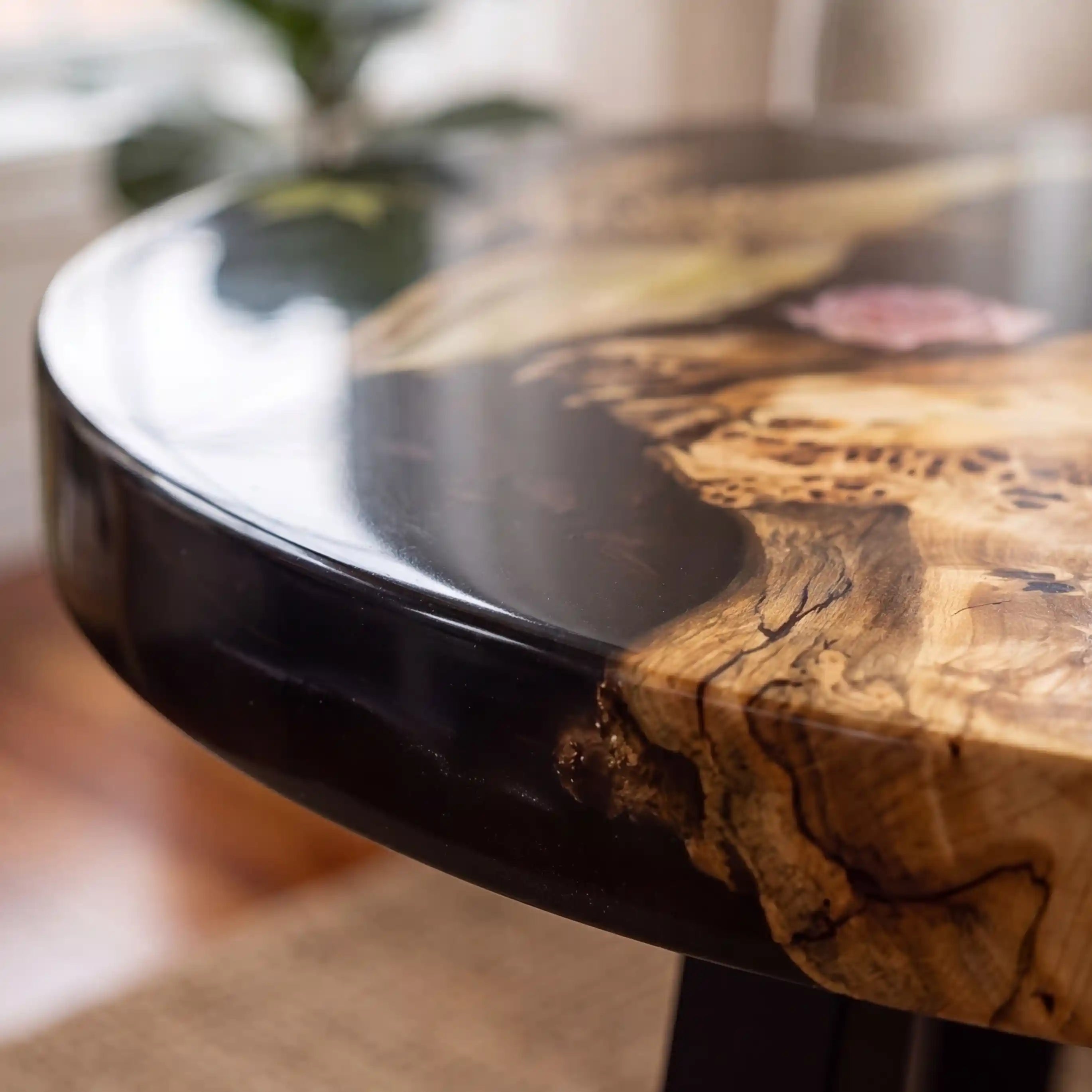 24"x24"x2" Poplar Wood & Botanical Black Resin Round Coffee Table PRC6