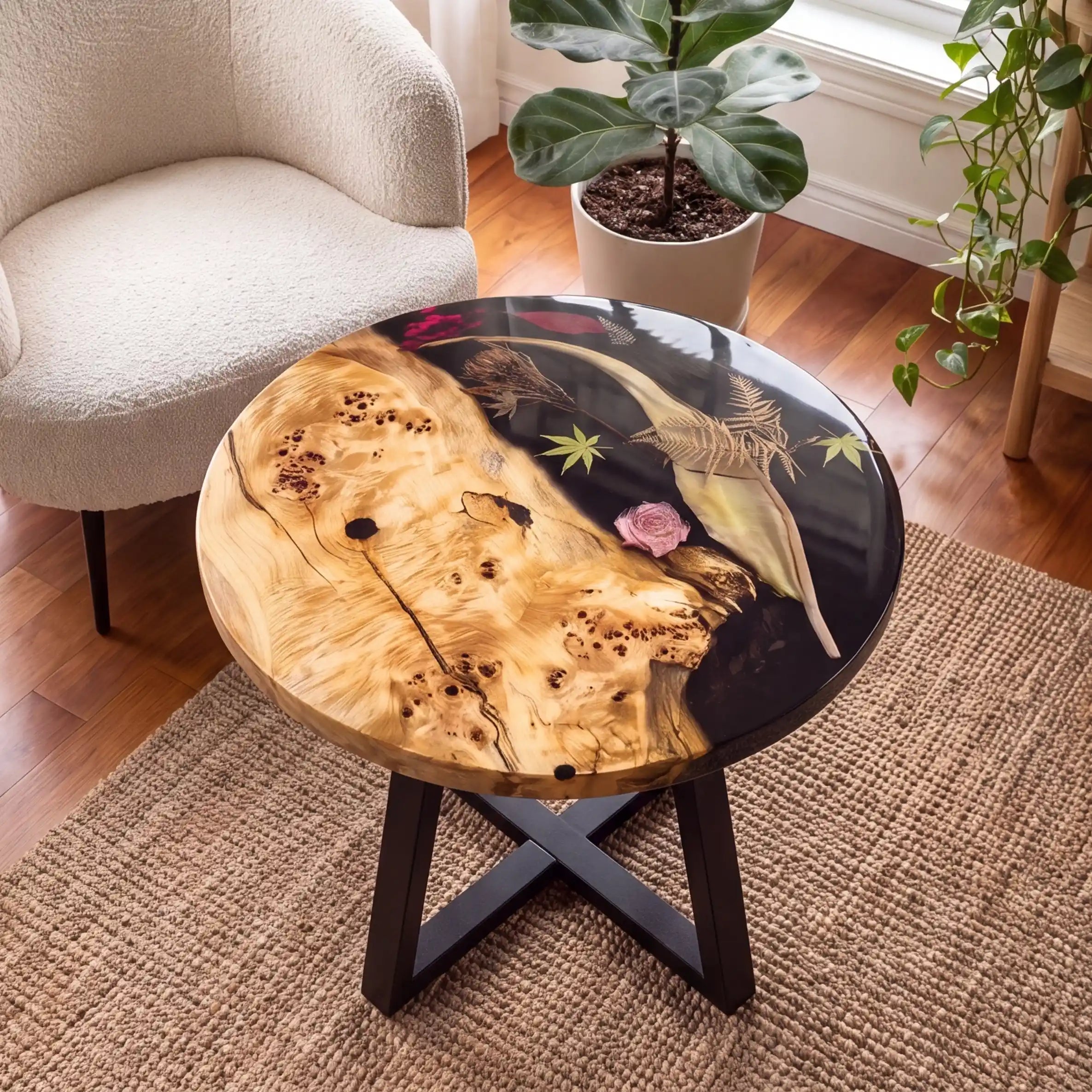 24"x24"x2" Poplar Wood & Botanical Black Resin Round Coffee Table PRC6