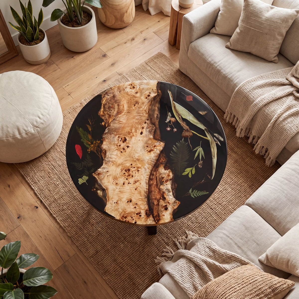 28"x28"x2" Poplar Wood & Botanical Black Resin Round Coffee Table WRC8
