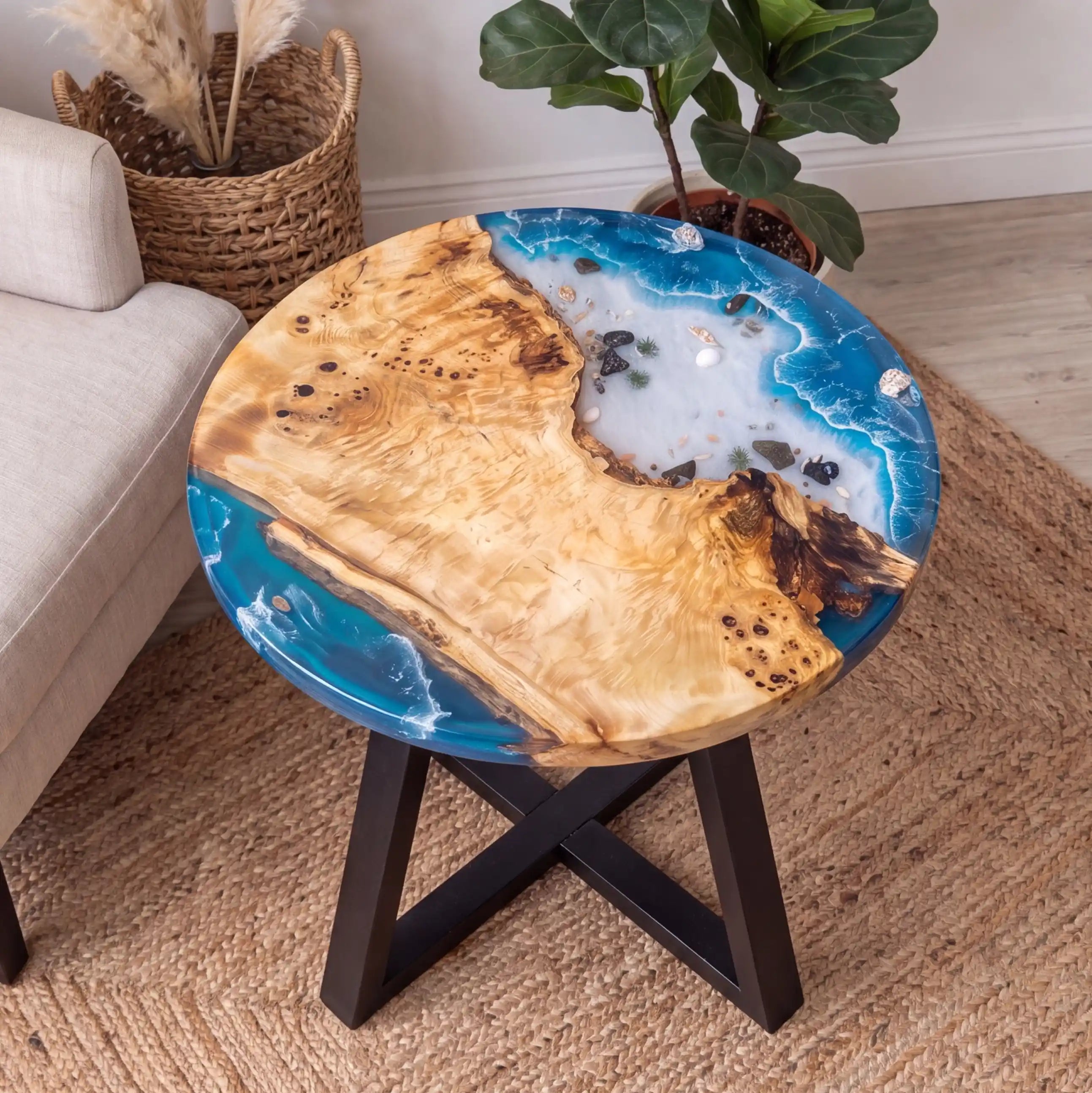 32"x32"x2" Poplar Wood & Coastal Ocean Resin Round Coffee Table PRC13