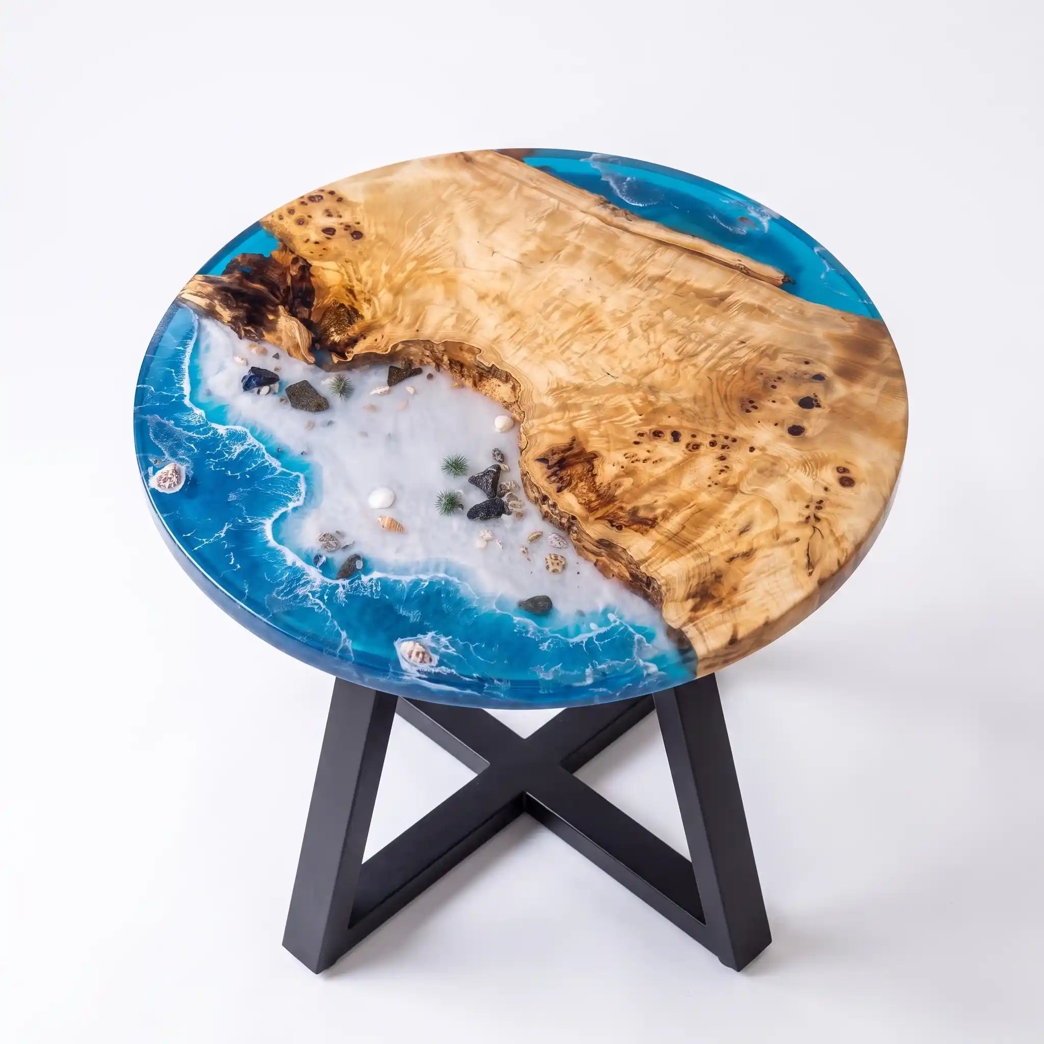 32"x32"x2" Poplar Wood & Coastal Ocean Resin Round Coffee Table PRC13