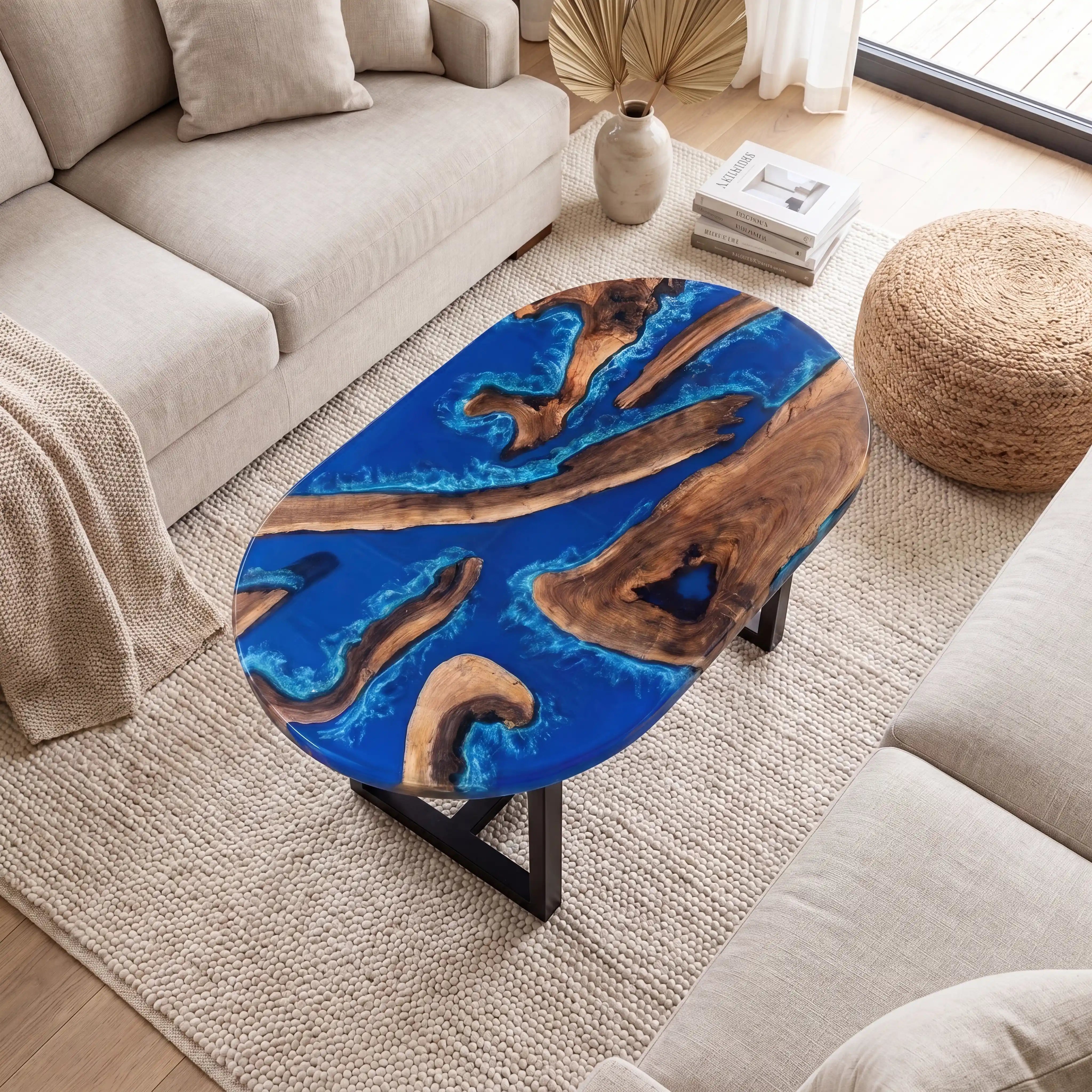 51"x35"x2" Olive Wood & Ocean Blue Resin Oval Coffee Table ORC3