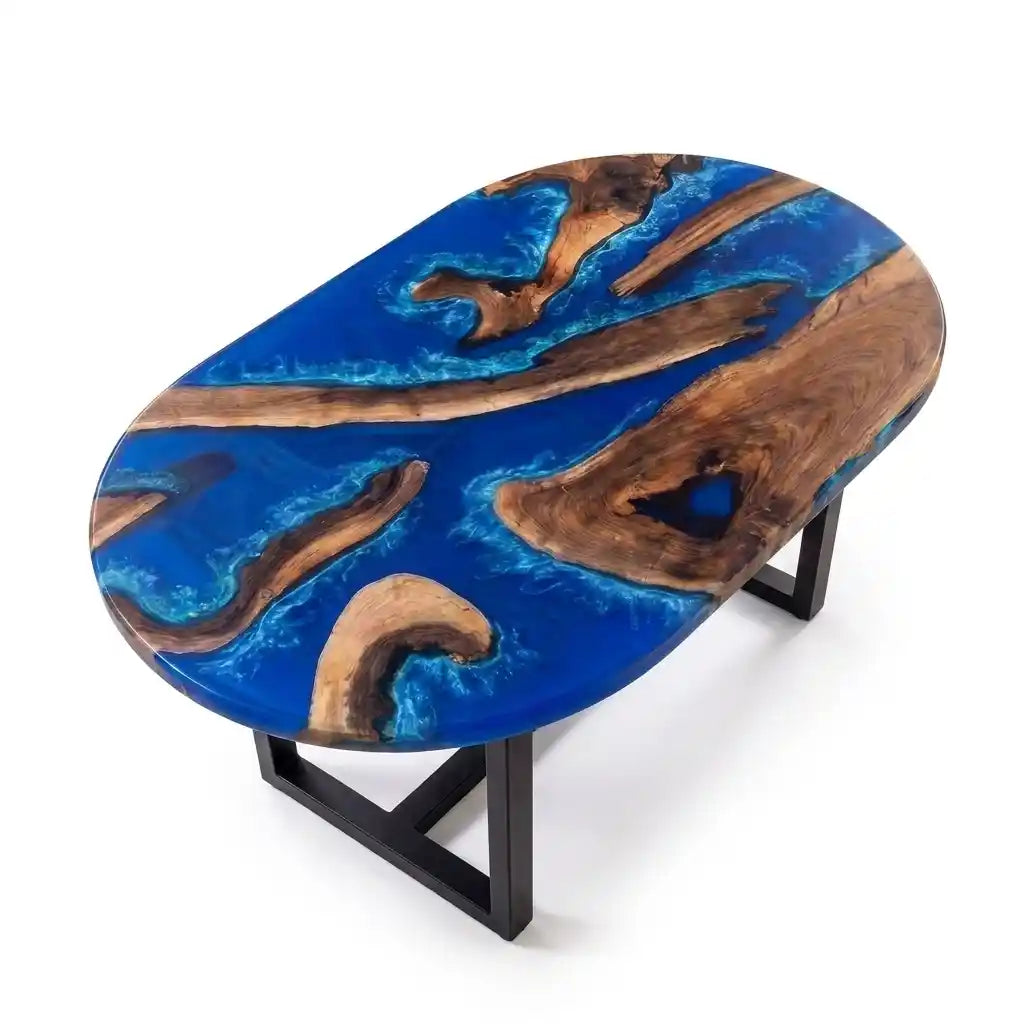 51"x35"x2" Olive Wood & Ocean Blue Resin Oval Coffee Table ORC3