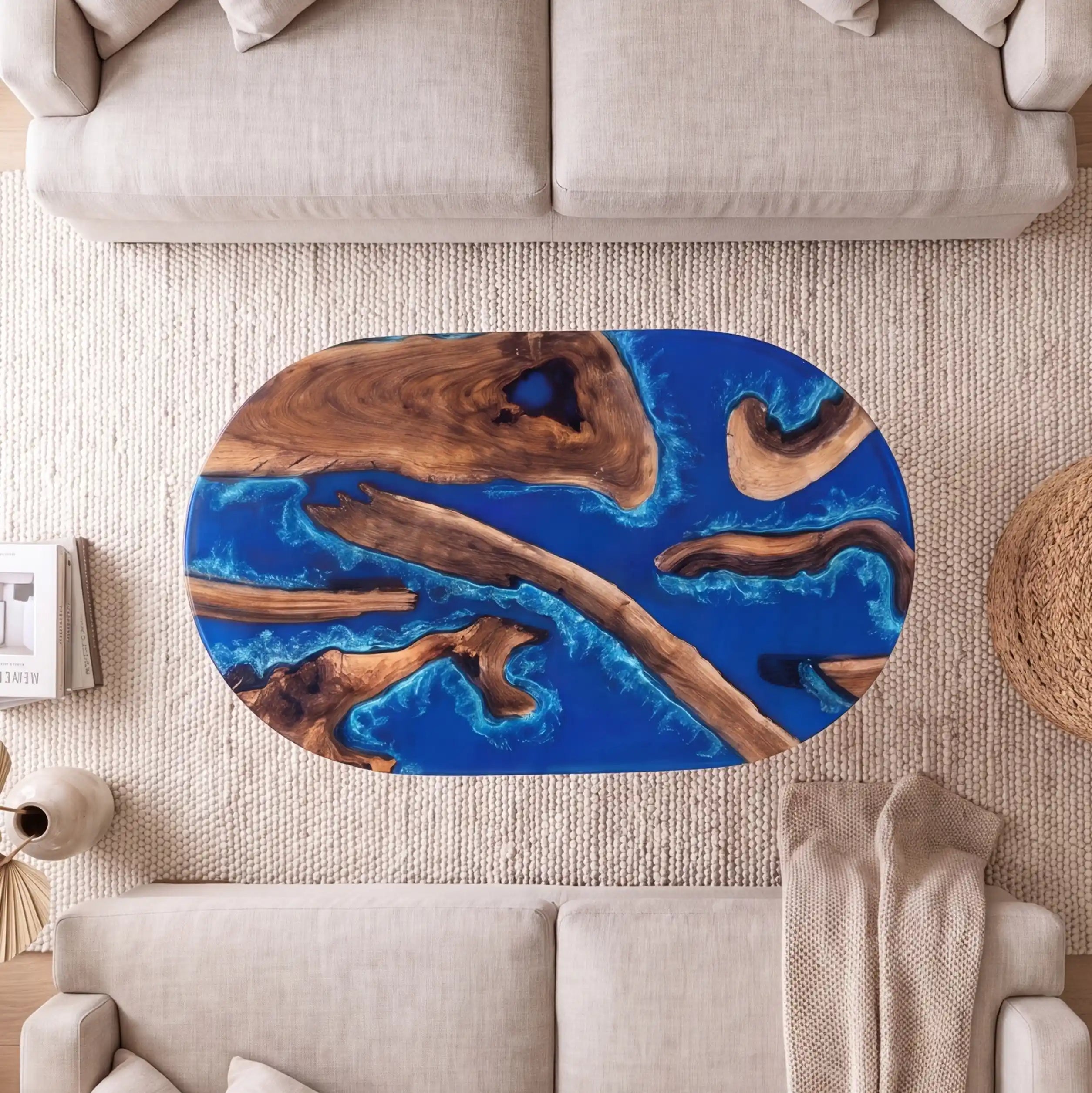 51"x35"x2" Olive Wood & Ocean Blue Resin Oval Coffee Table ORC3