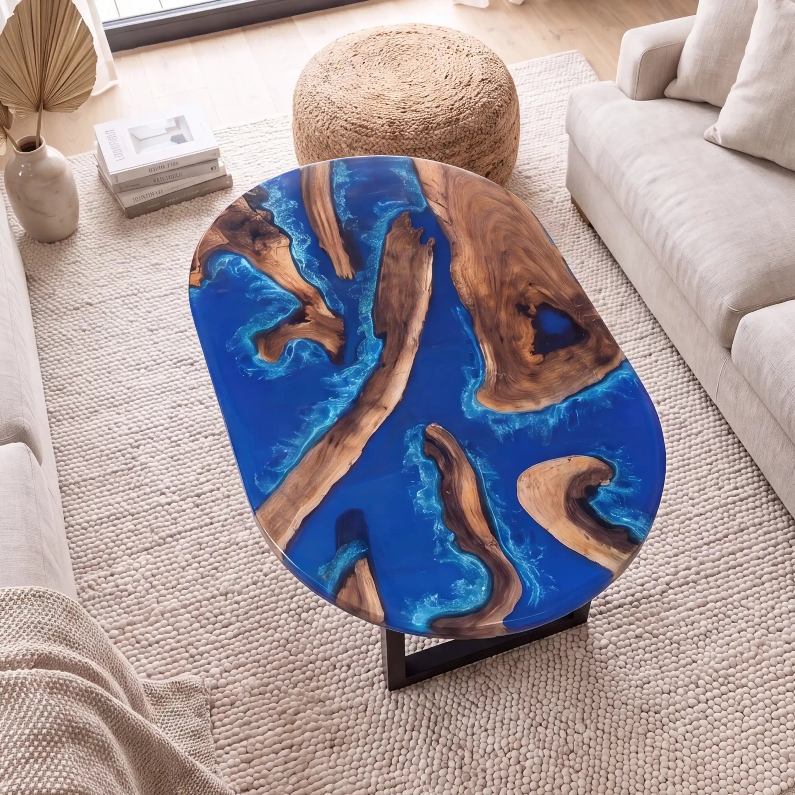 51"x35"x2" Olive Wood & Ocean Blue Resin Oval Coffee Table ORC3
