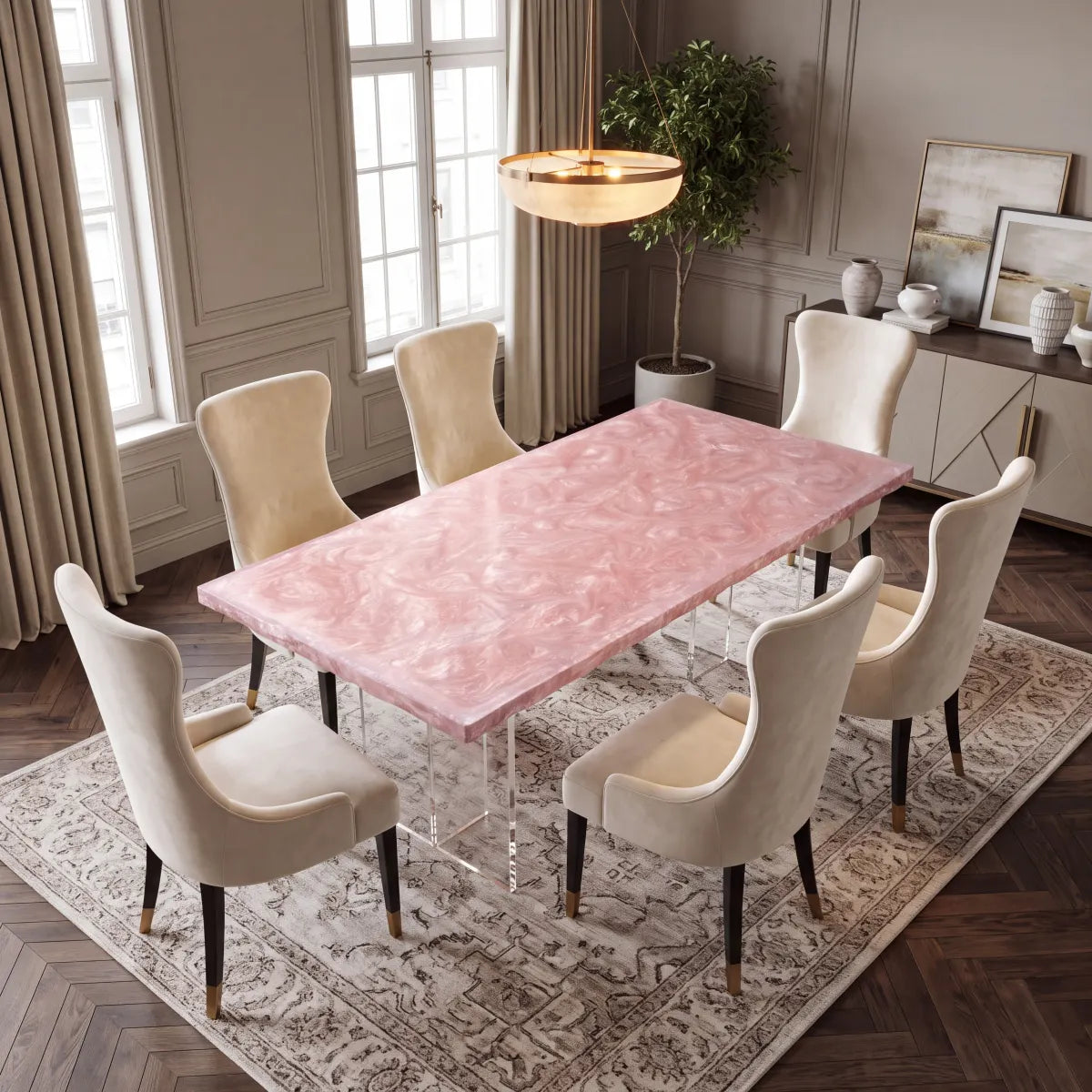 60 x 30 x 1.96 inch Poplar Wood Pearl Pink Swirl resin dining table photo 6