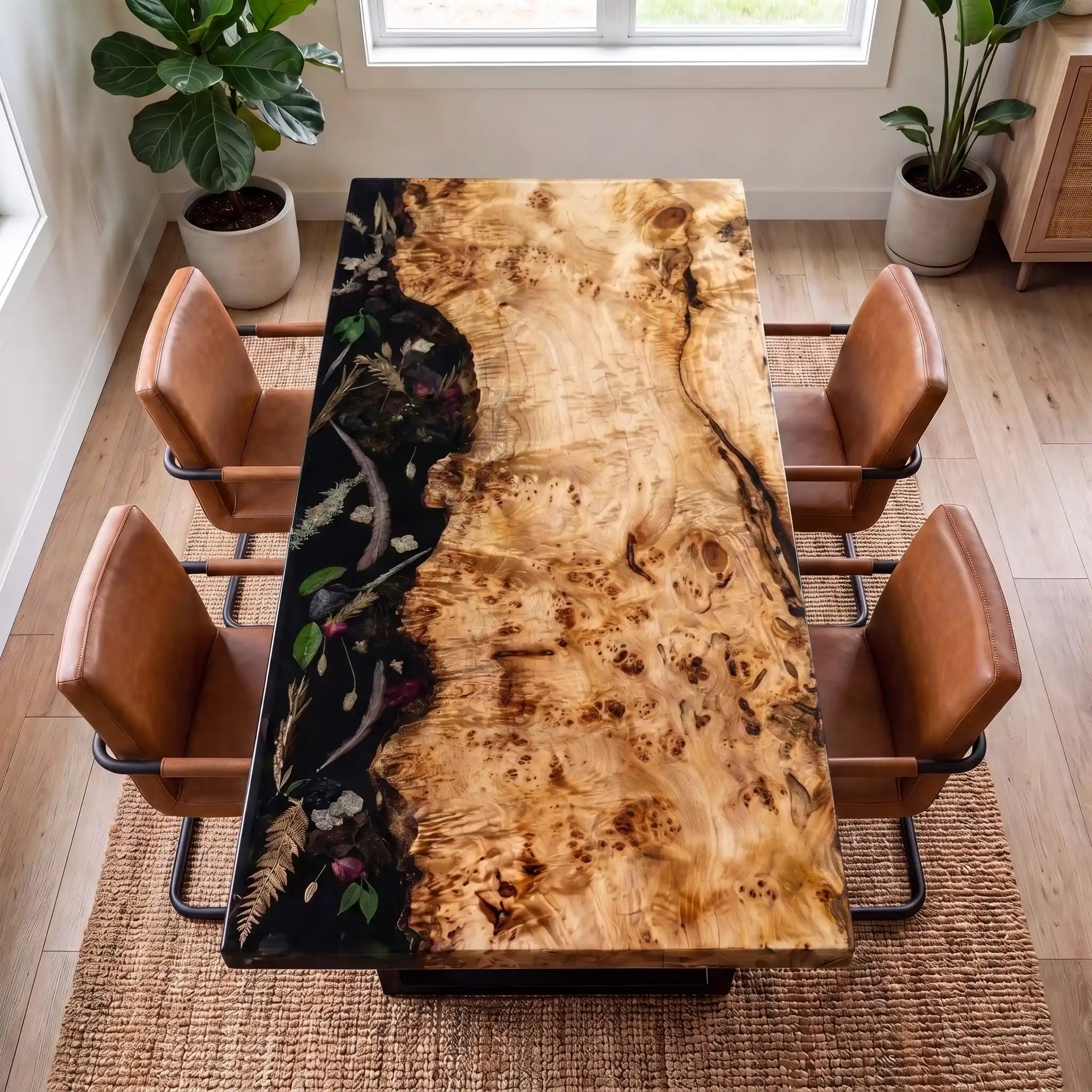 66"x32"x2.4" Poplar Wood & Botanical Black Resin Rectangular Dining Table PRD5