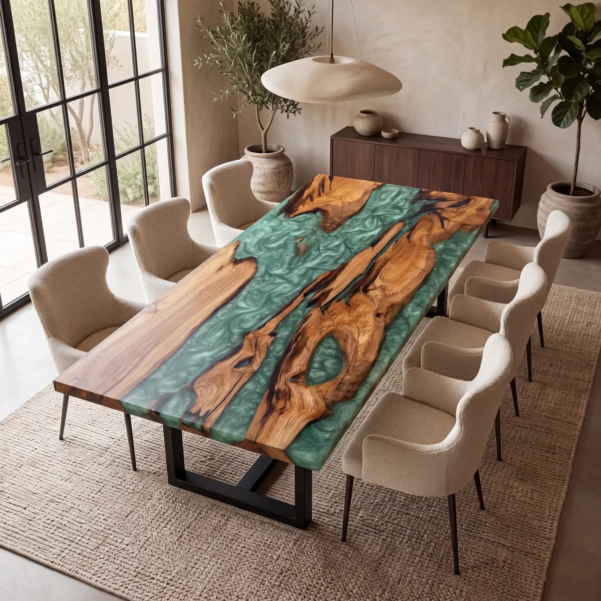 72 x 40 x 1.96 inch Olive Wood Emerald Green resin Rectangular dining table photo 6