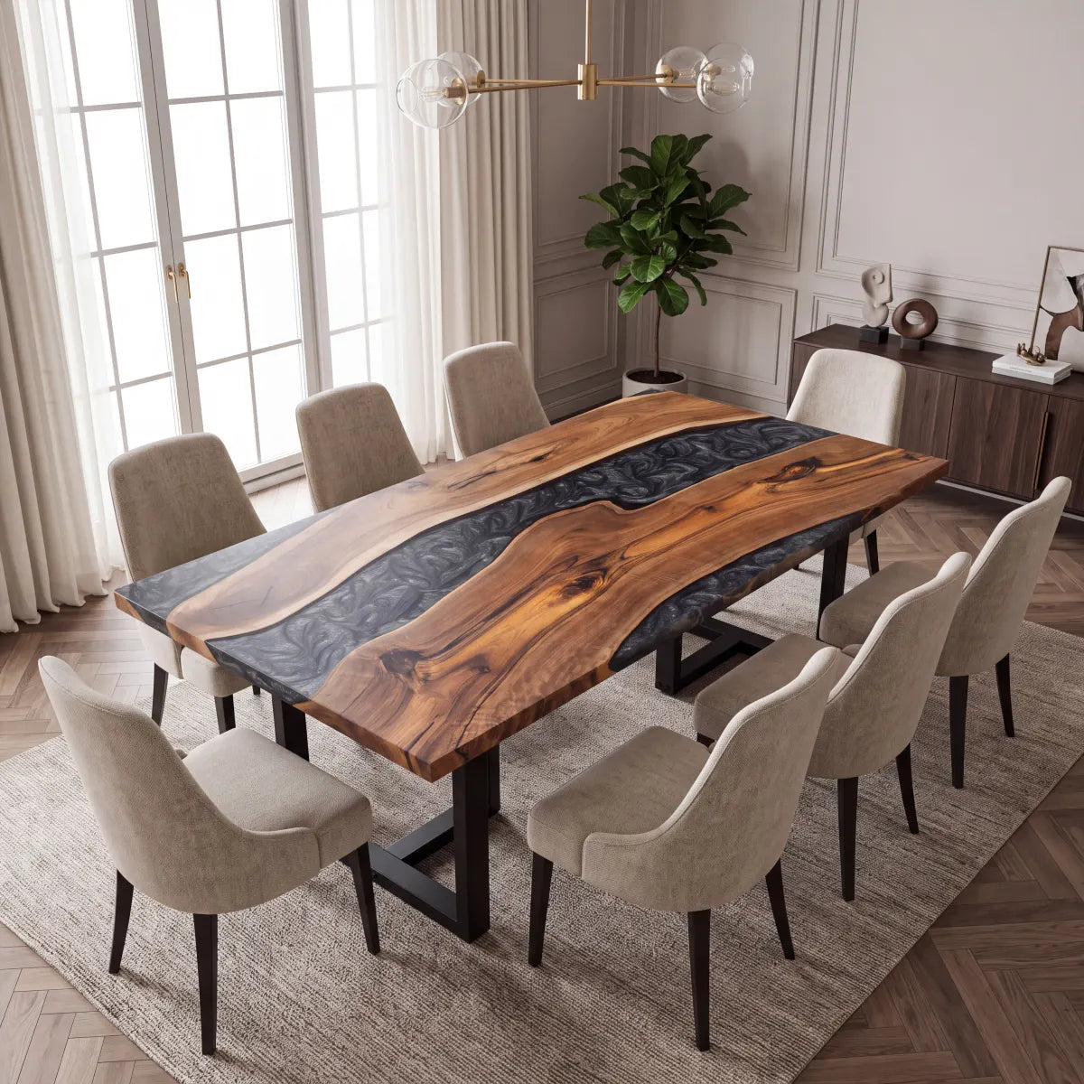 72 x 40 x 1.96 inch Black Walnut Metallic Grey Resin Rectangular Dining Table photo 3