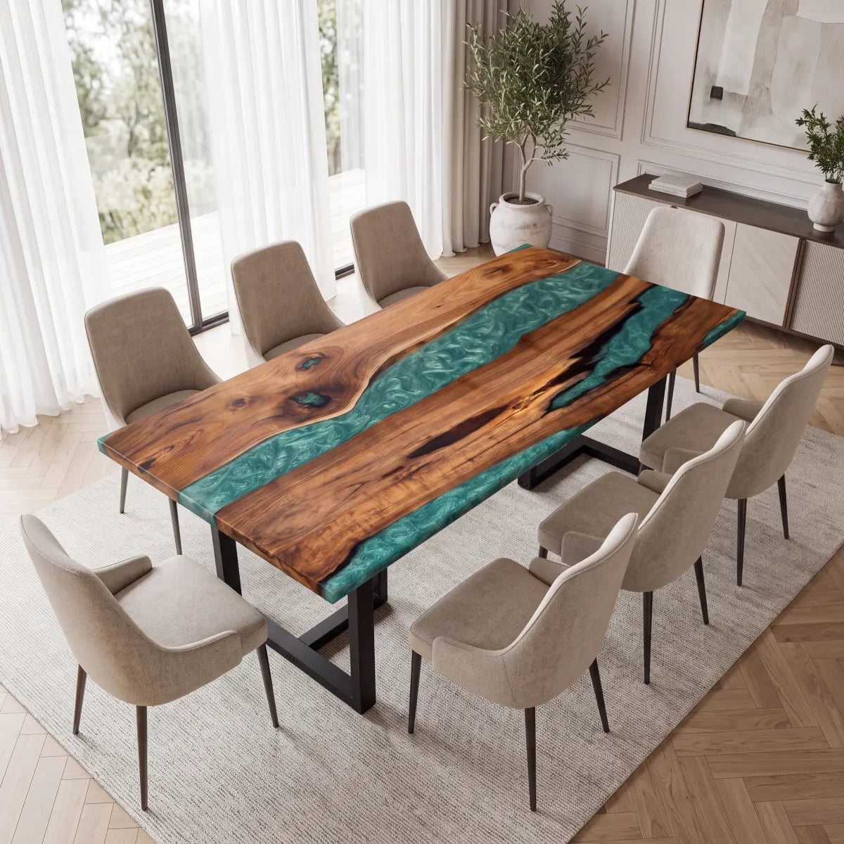 84 x 42 x 1.96 inch Black Walnut Teal Green Resin Rectangular Dining Table photo 5
