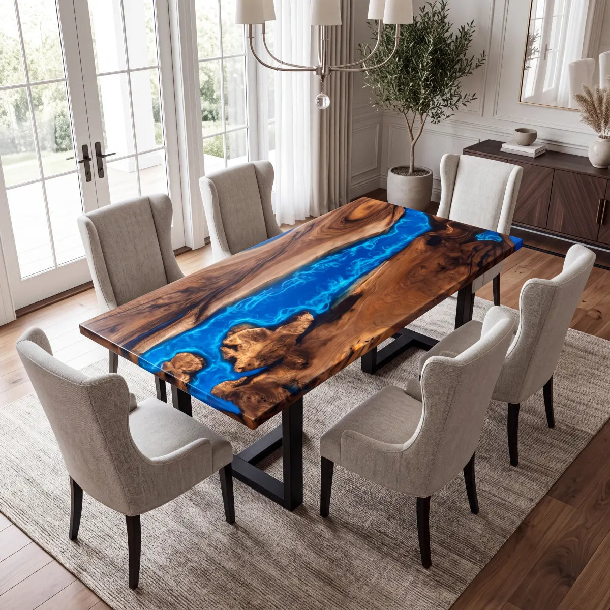 84 x 42 x 2.36 inch Black Walnut Blue Seawave resin dining table photo 6