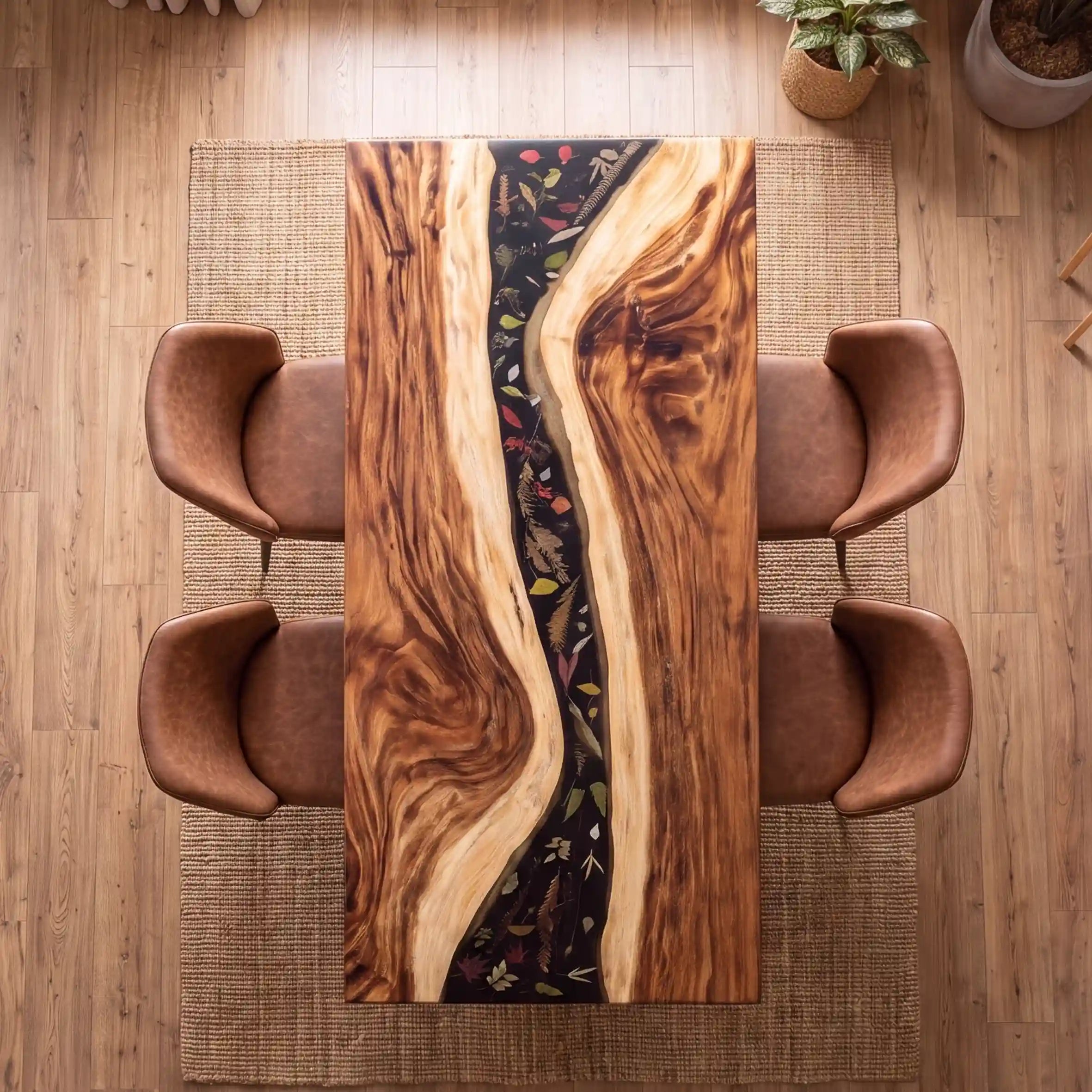 95"x35"x2" Olive Wood & Botanical Black Resin Rectangular Dining Table ORD17