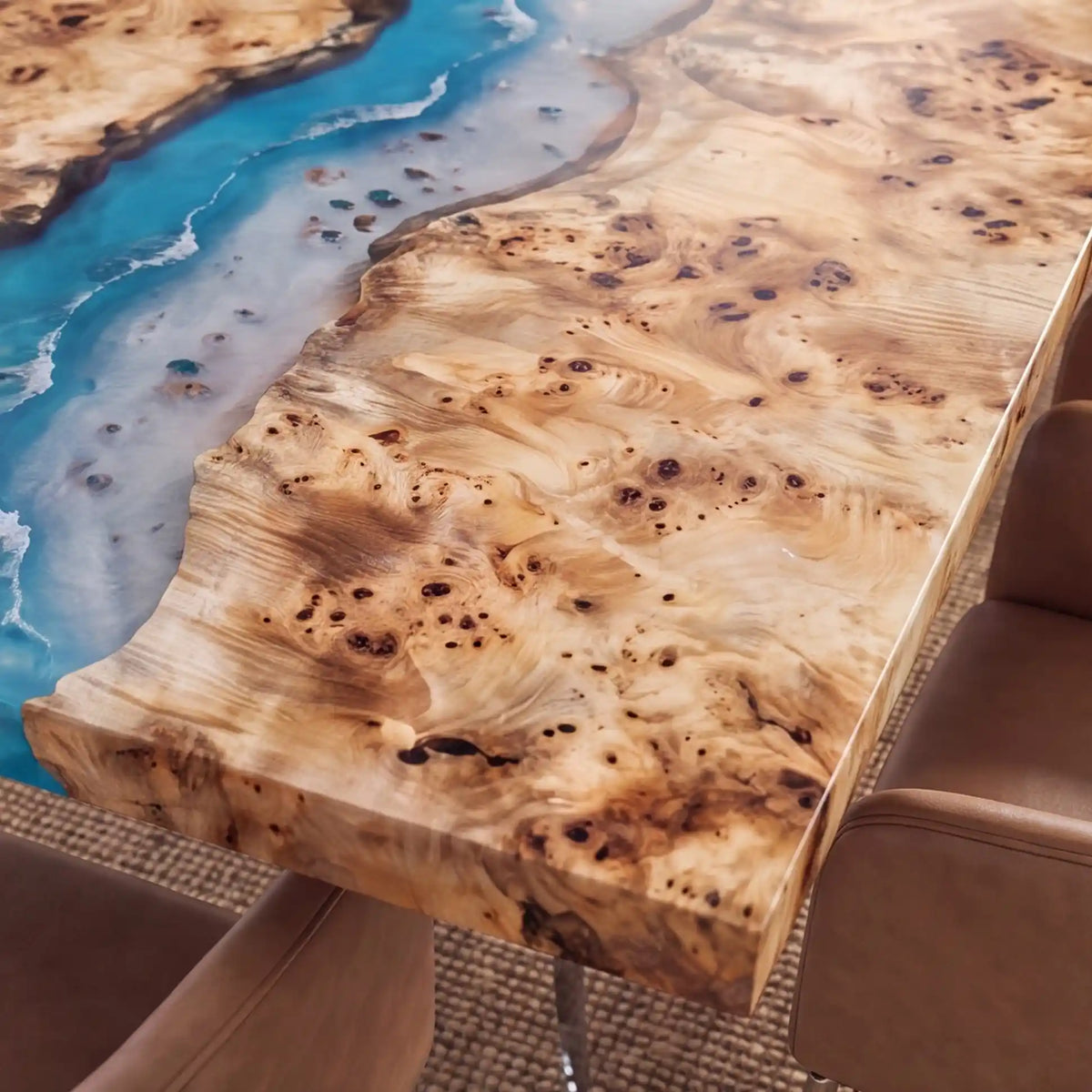 95"x35"x2" Poplar Wood & Ocean Blue Resin Rectangular Dining Table PRD11