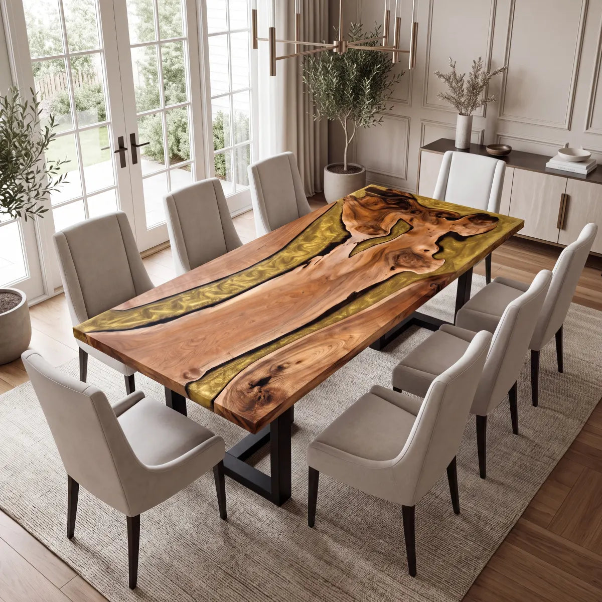 96 x 42 x 1.96 inch Black Walnut Metallic Gold Resin Rectangular Dining Table photo 6