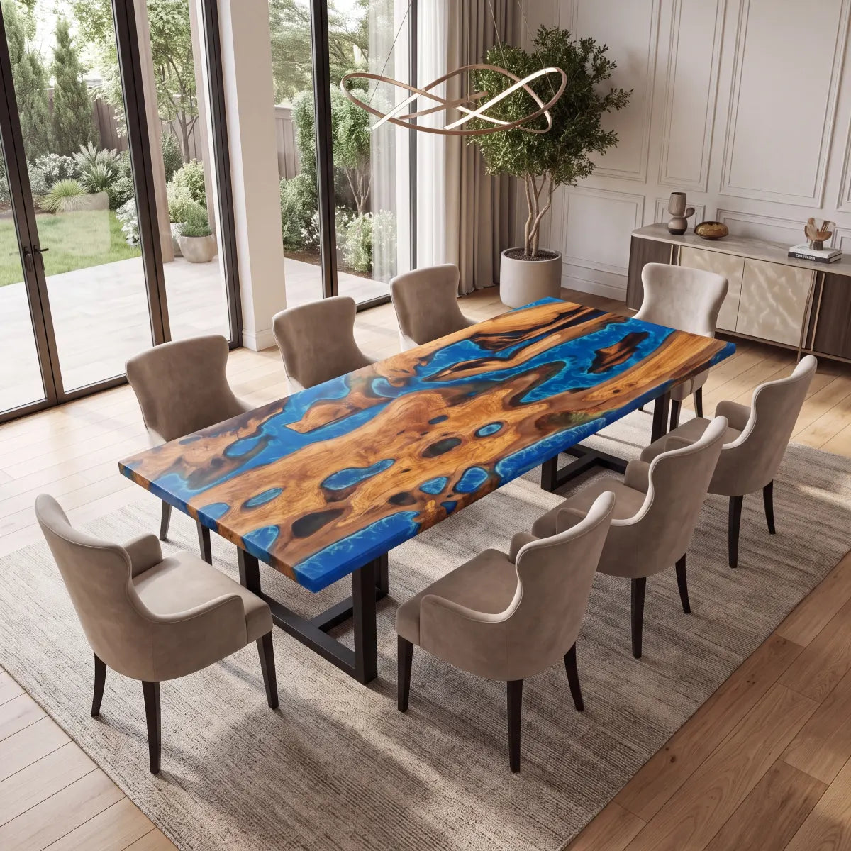 96 x 42 x 1.96 inch Olive Wood Blue Seawave Resin Rectangular Dining Table photo 6