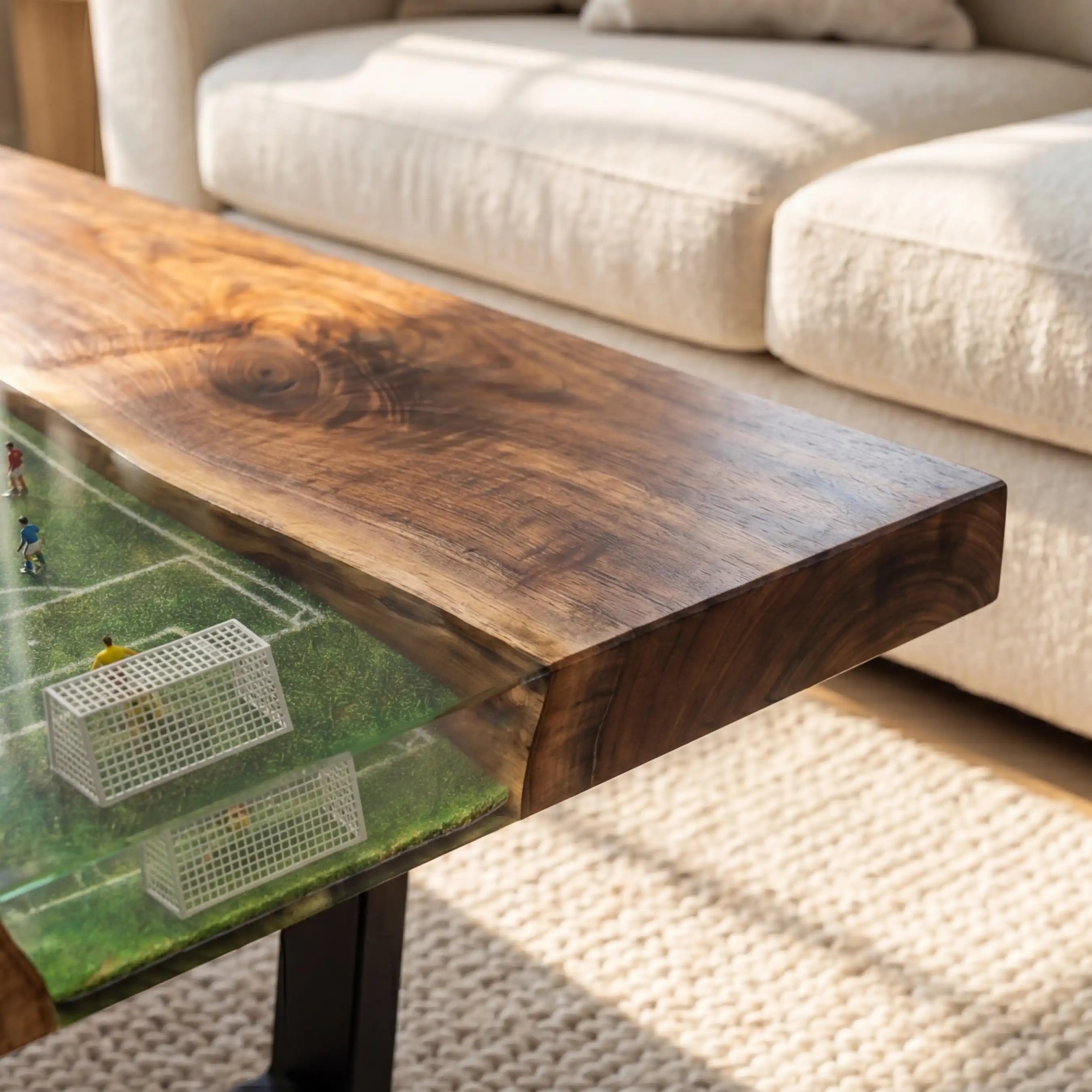 Black Walnut & 3D Miniature Soccer Field Resin Coffee Table BFT16