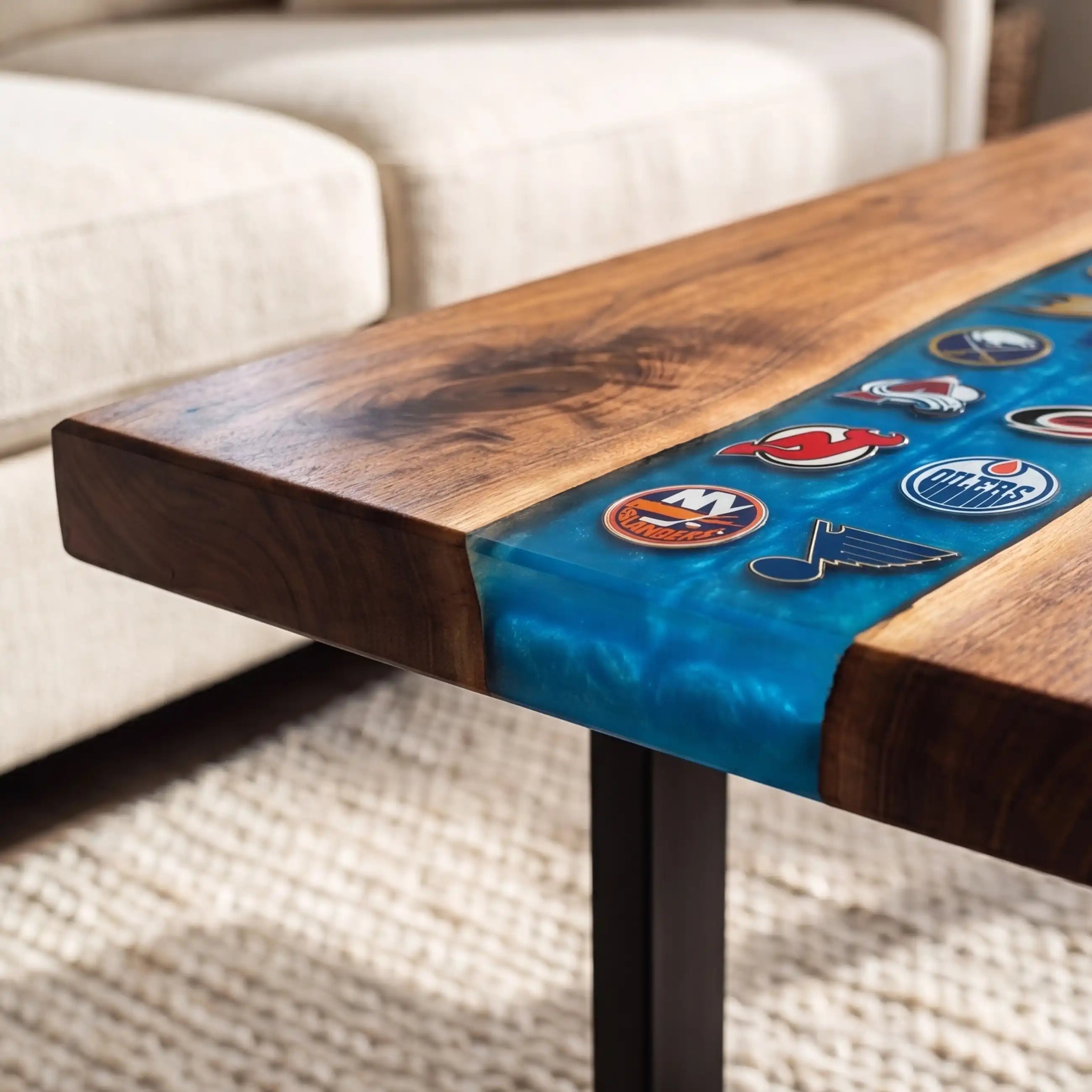 Black Walnut & Blue Sports Logo Resin Coffee Table BRT46