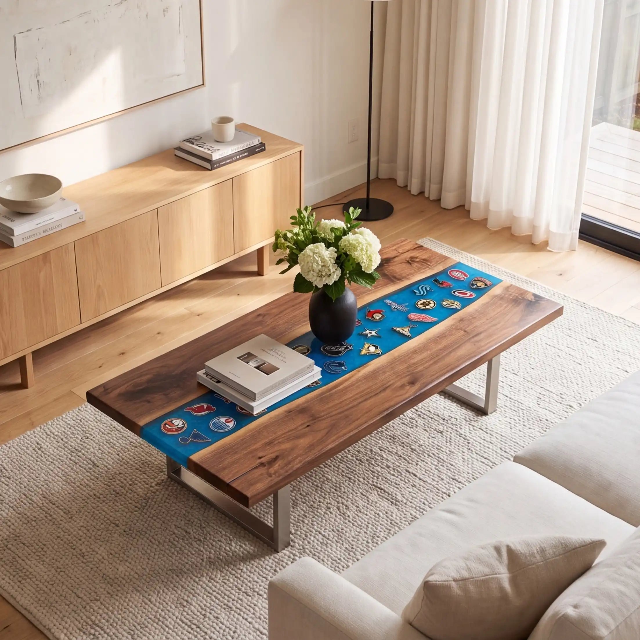 Black Walnut & Blue Sports Logo Resin Coffee Table BRT46