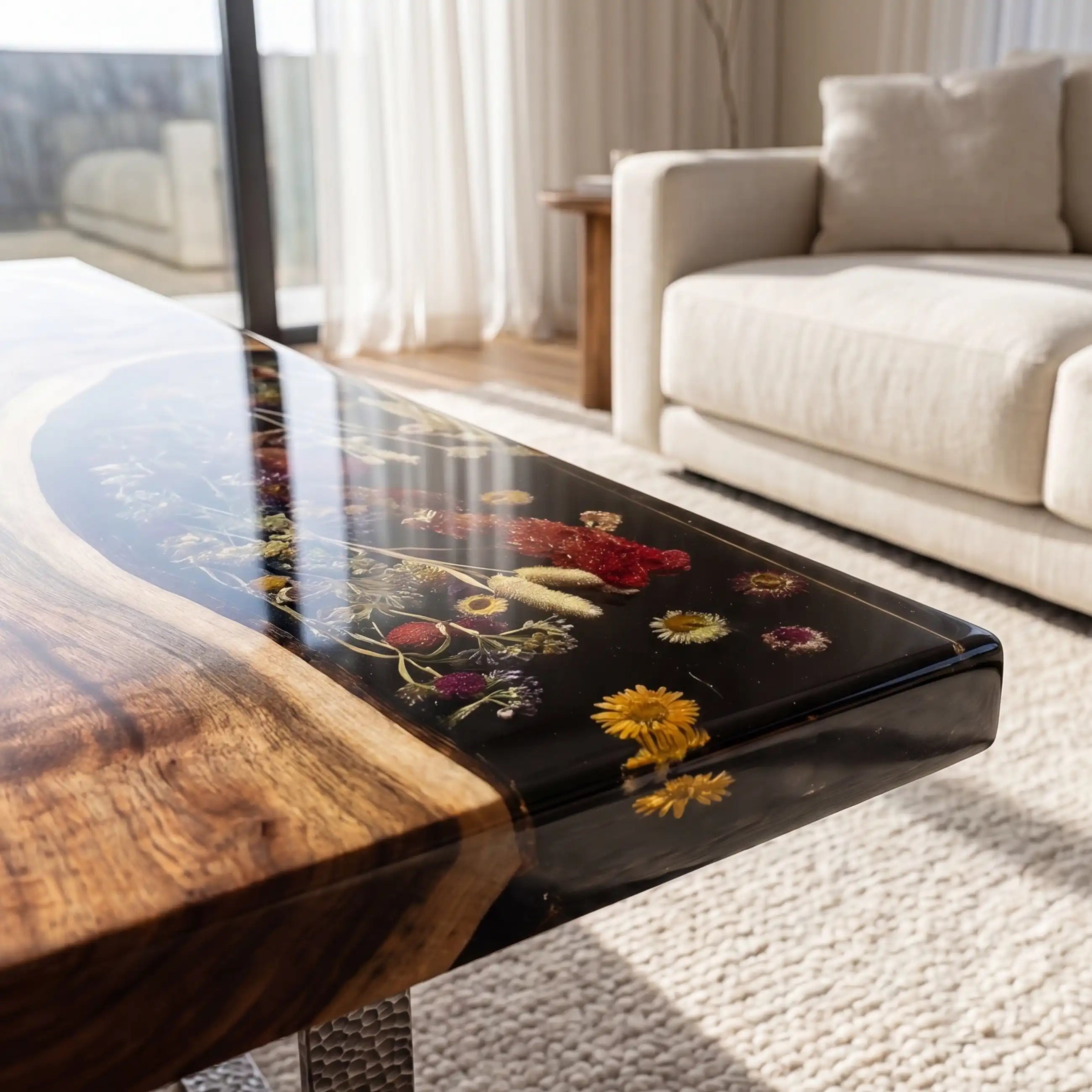 Black Walnut & Floral Black Resin Coffee Table BRT40