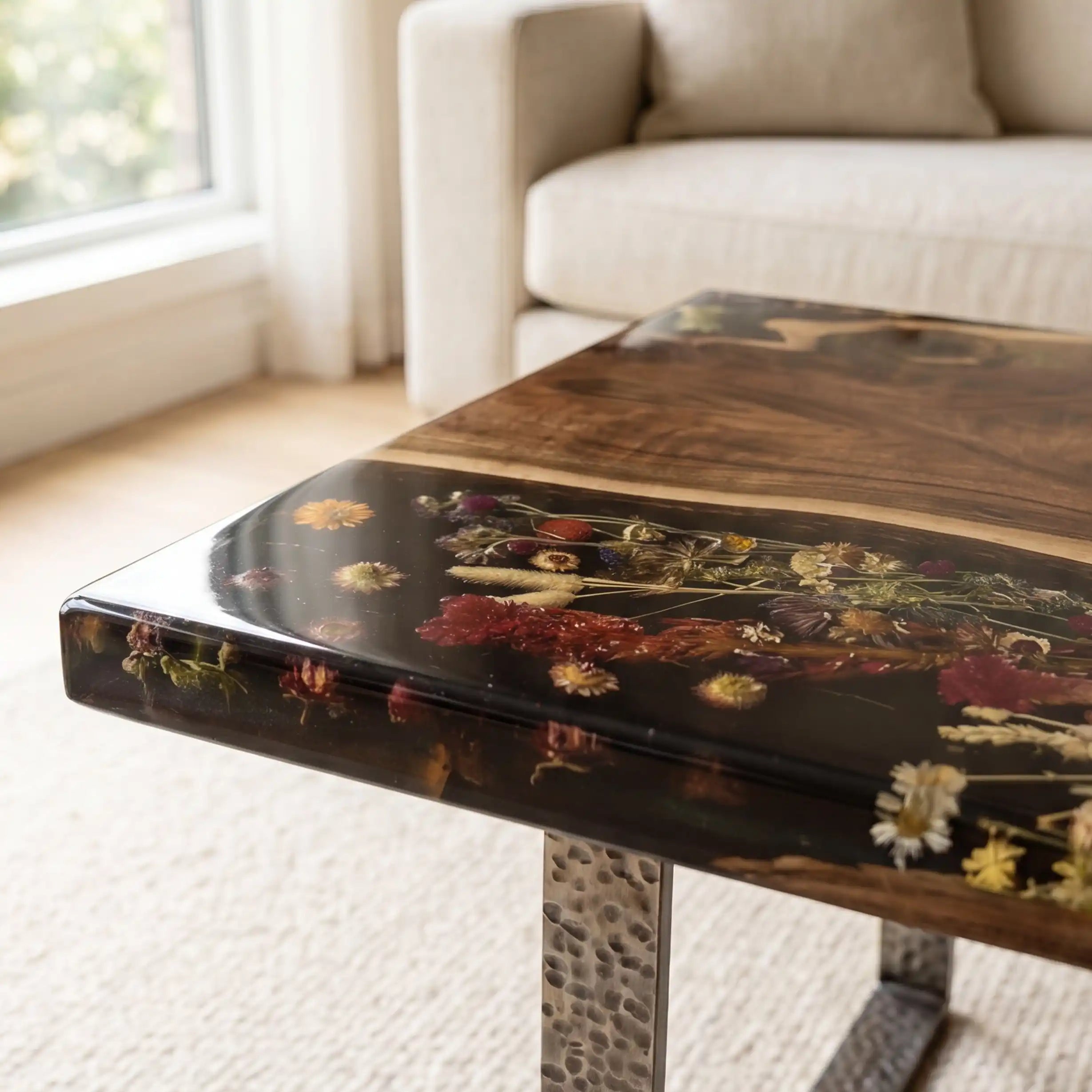 Black Walnut & Floral Black Resin Coffee Table BRT40