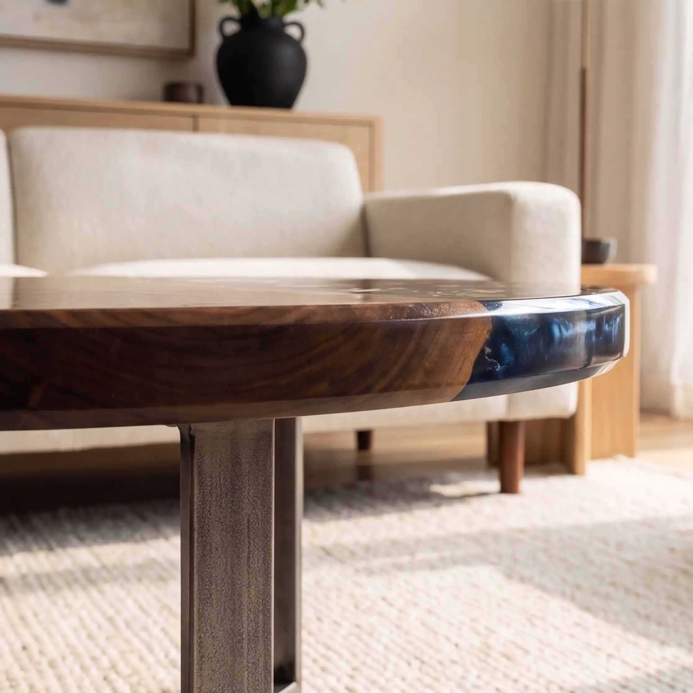 Black Walnut & Midnight Blue Baseball Resin Round Coffee Table BRT56
