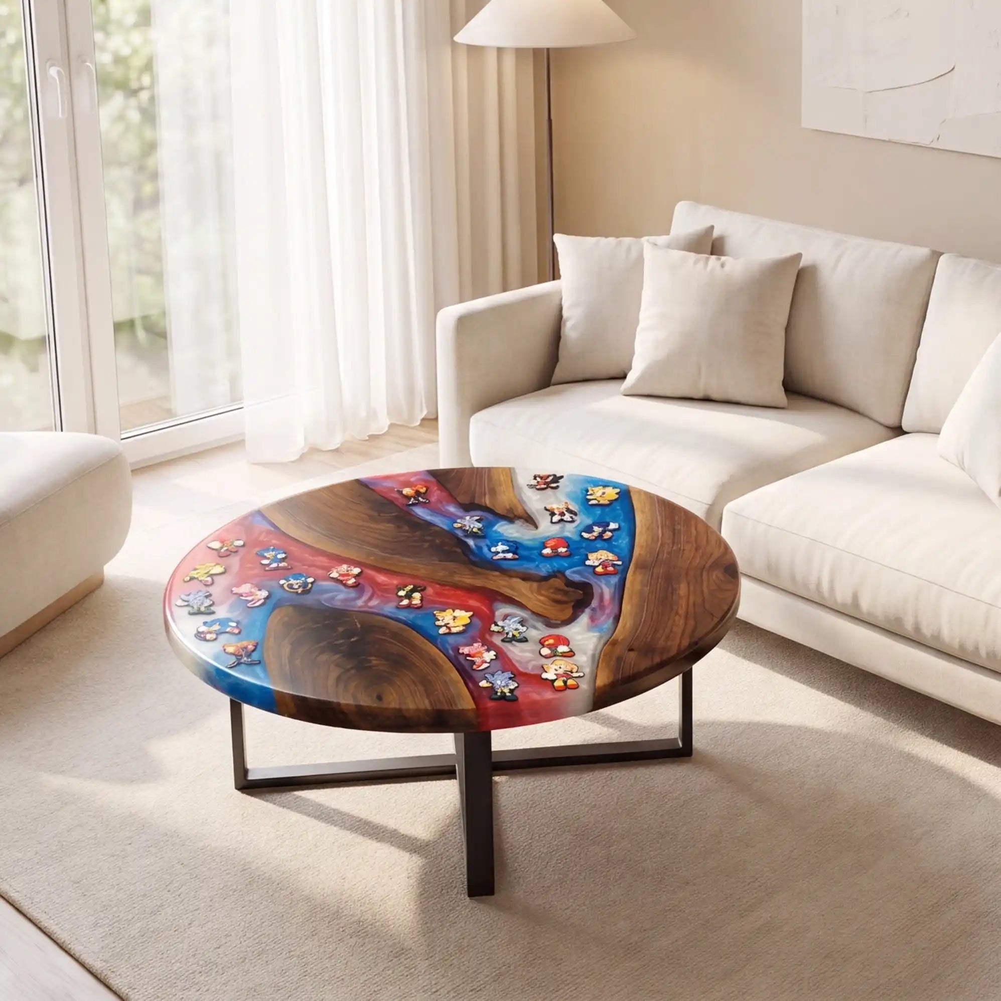 Black Walnut & Red-Blue Retro Gaming Resin Round Coffee Table BRT57
