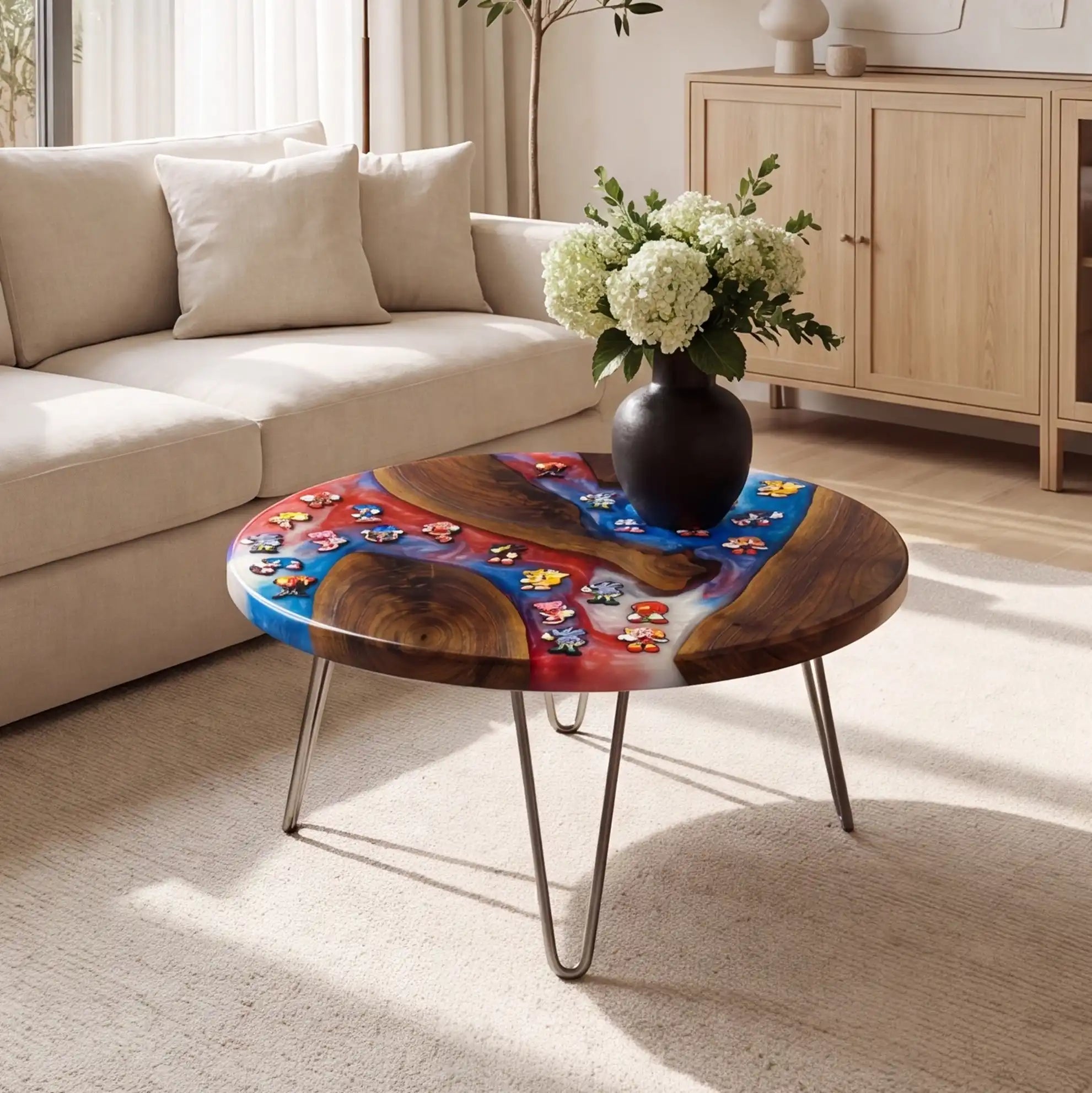 Black Walnut & Red-Blue Retro Gaming Resin Round Coffee Table BRT57