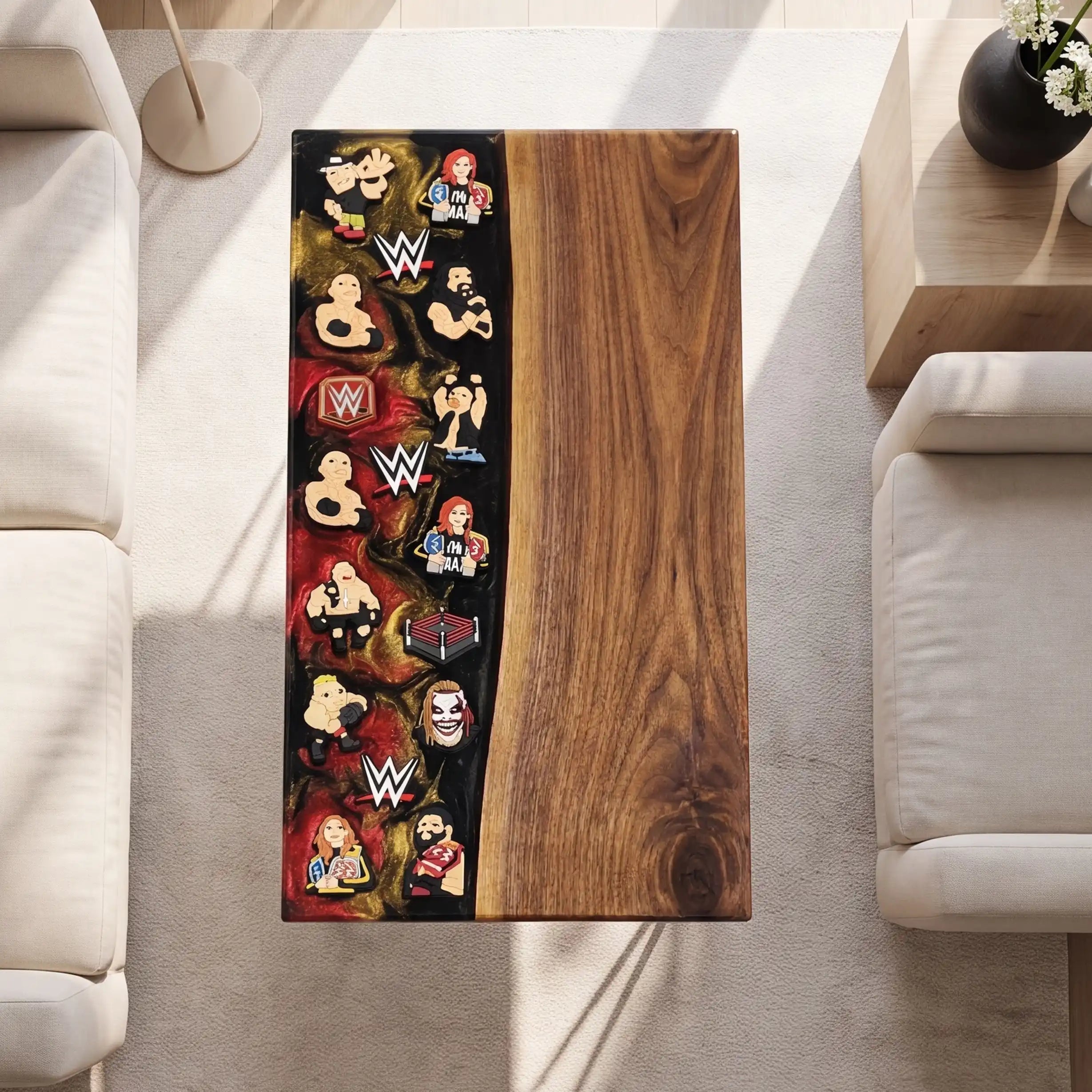 Black Walnut & Wrestling Figure Resin Coffee Table BRT58