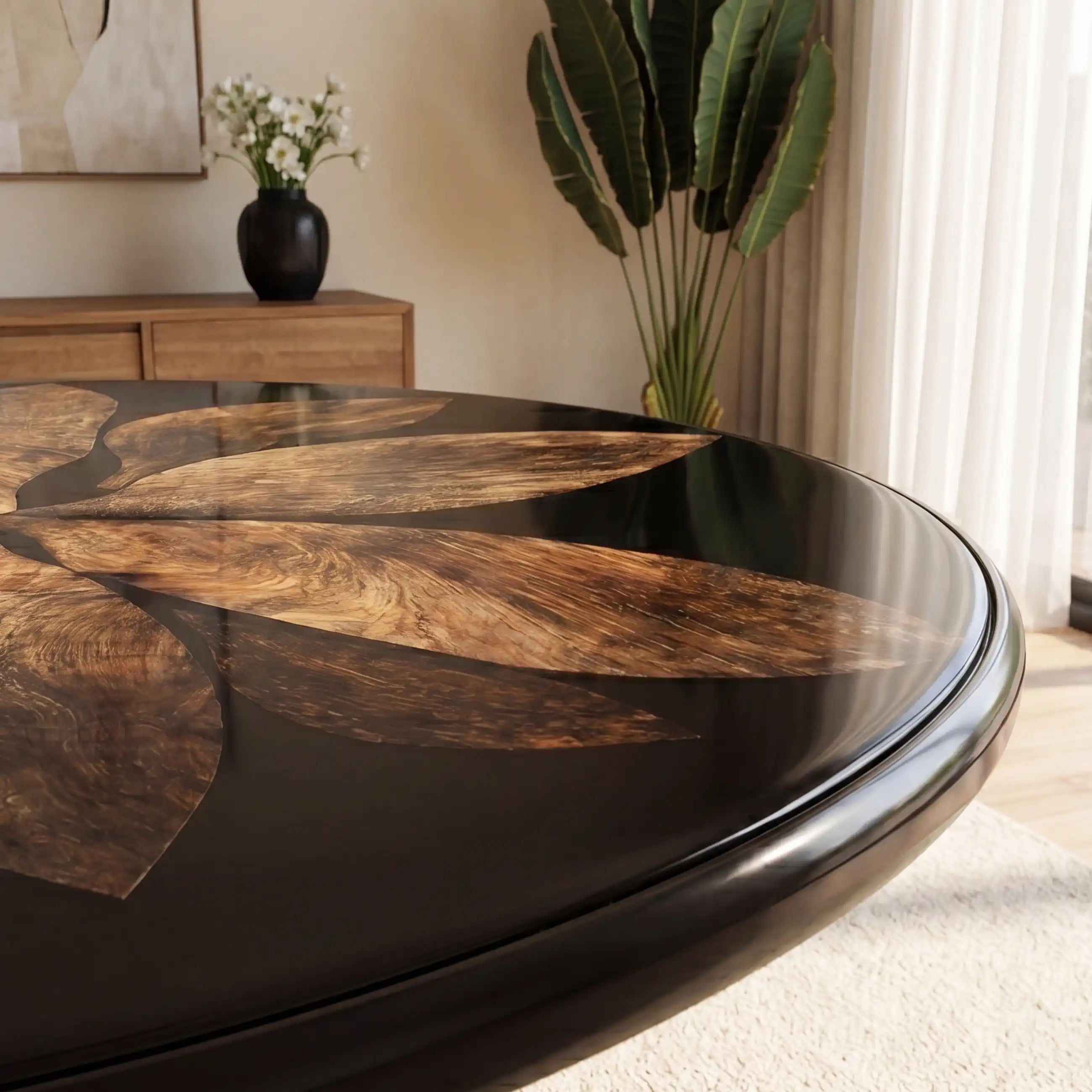 Botanical Walnut & Opaque Black Resin Round Coffee Table WRT27