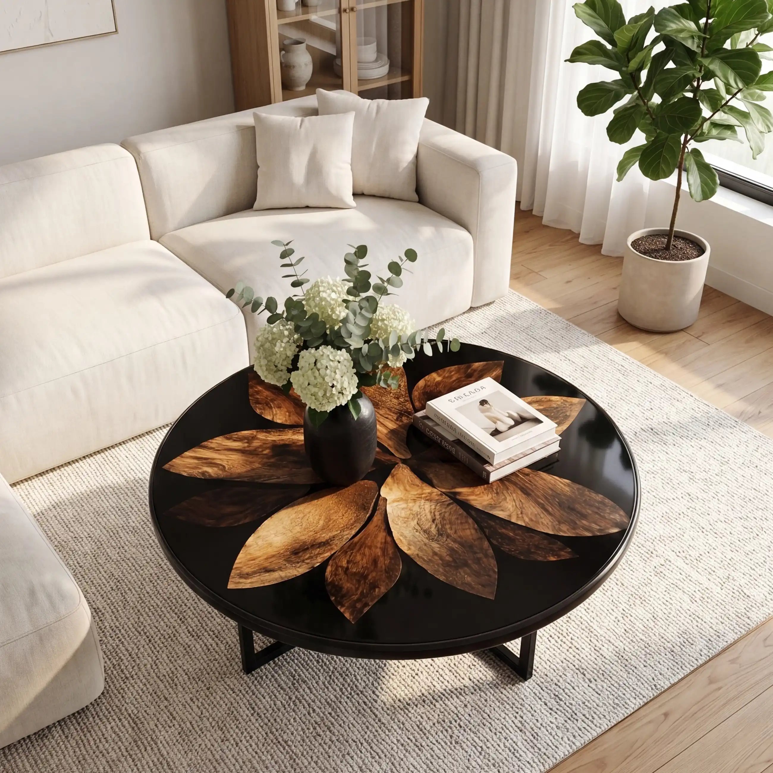 Botanical Walnut & Opaque Black Resin Round Coffee Table WRT27