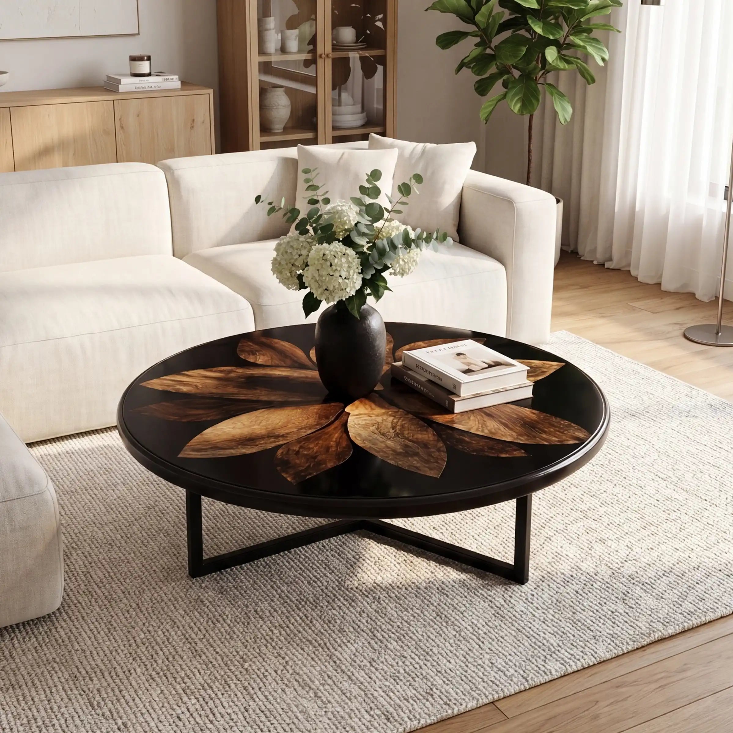 Botanical Walnut & Opaque Black Resin Round Coffee Table WRT27