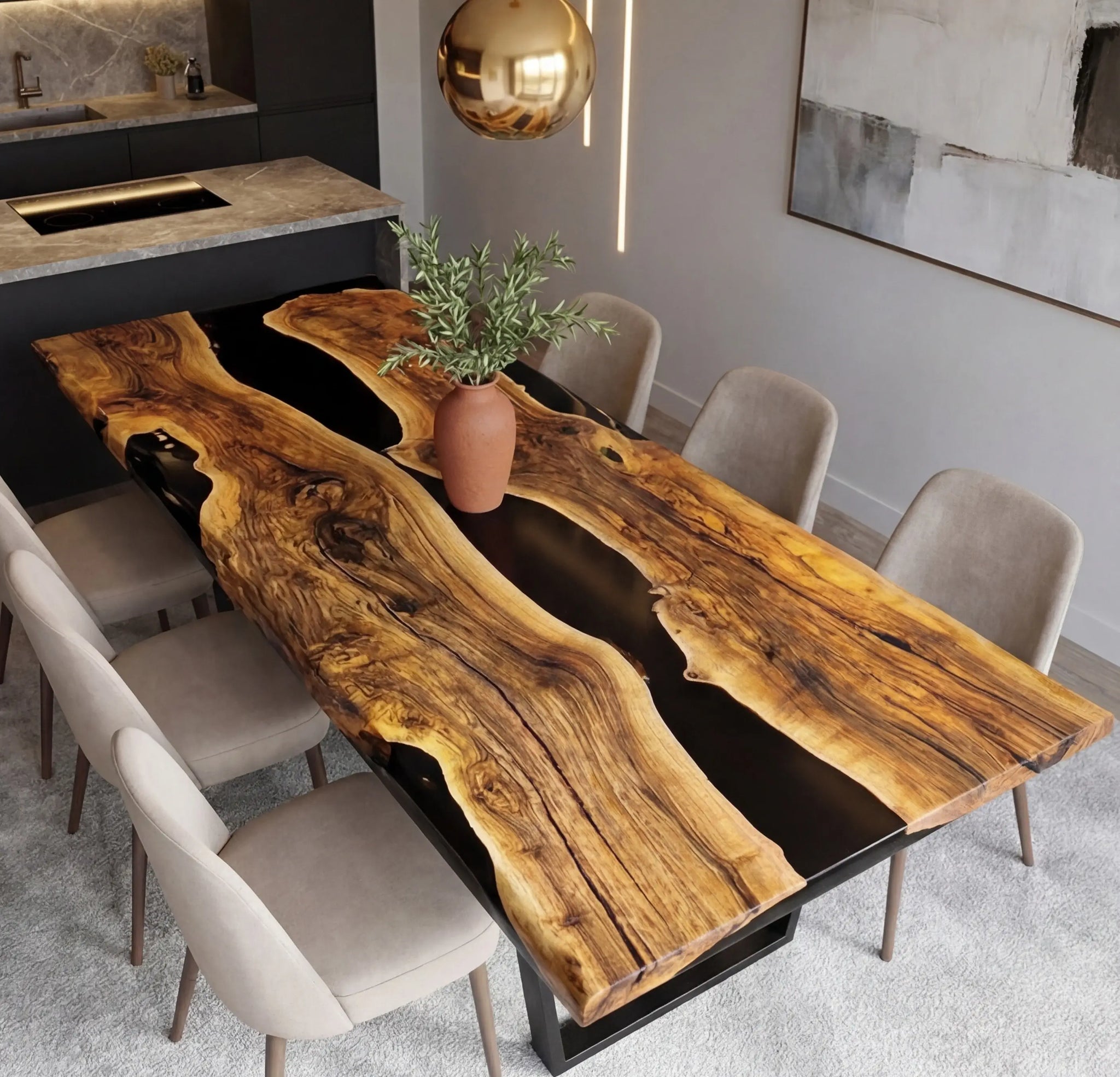 Custom Black Walnut Epoxy Resin River Table Black Pearl ERT-52