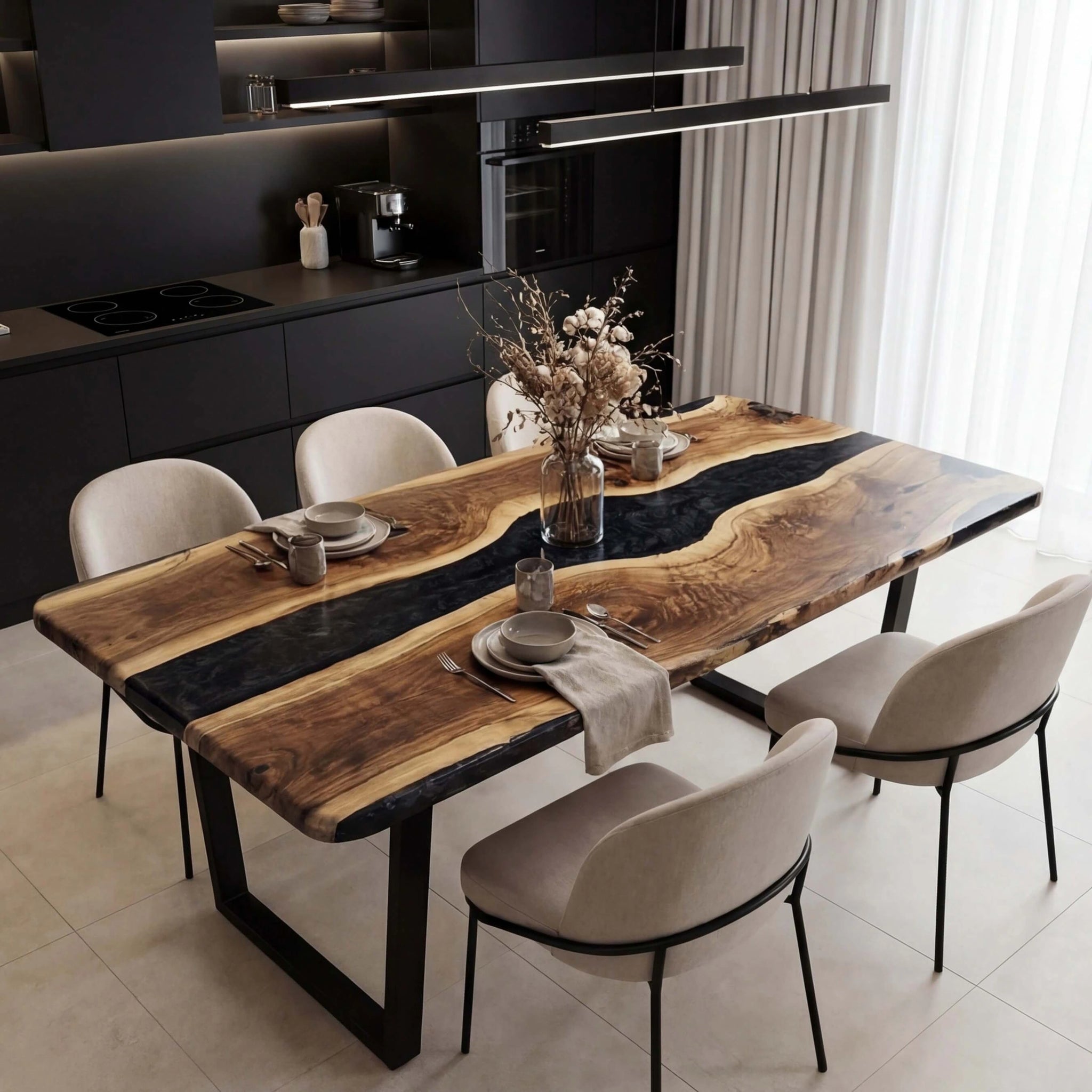 Custom Black Walnut Epoxy Resin River Table Pearl Gray XRT-92