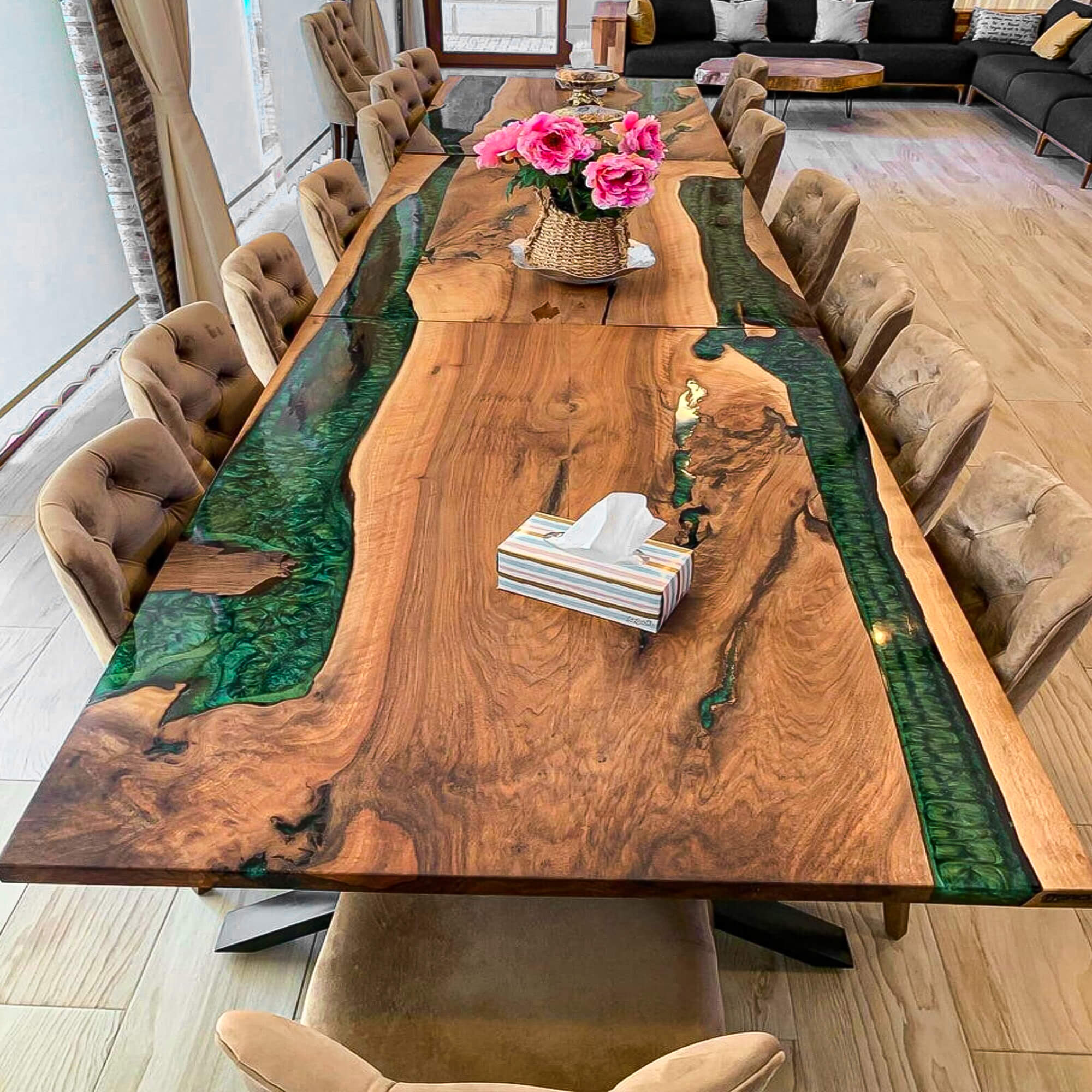 Custom Black Walnut Epoxy Resin River Table Pearl Green GRT-57 - Main Image