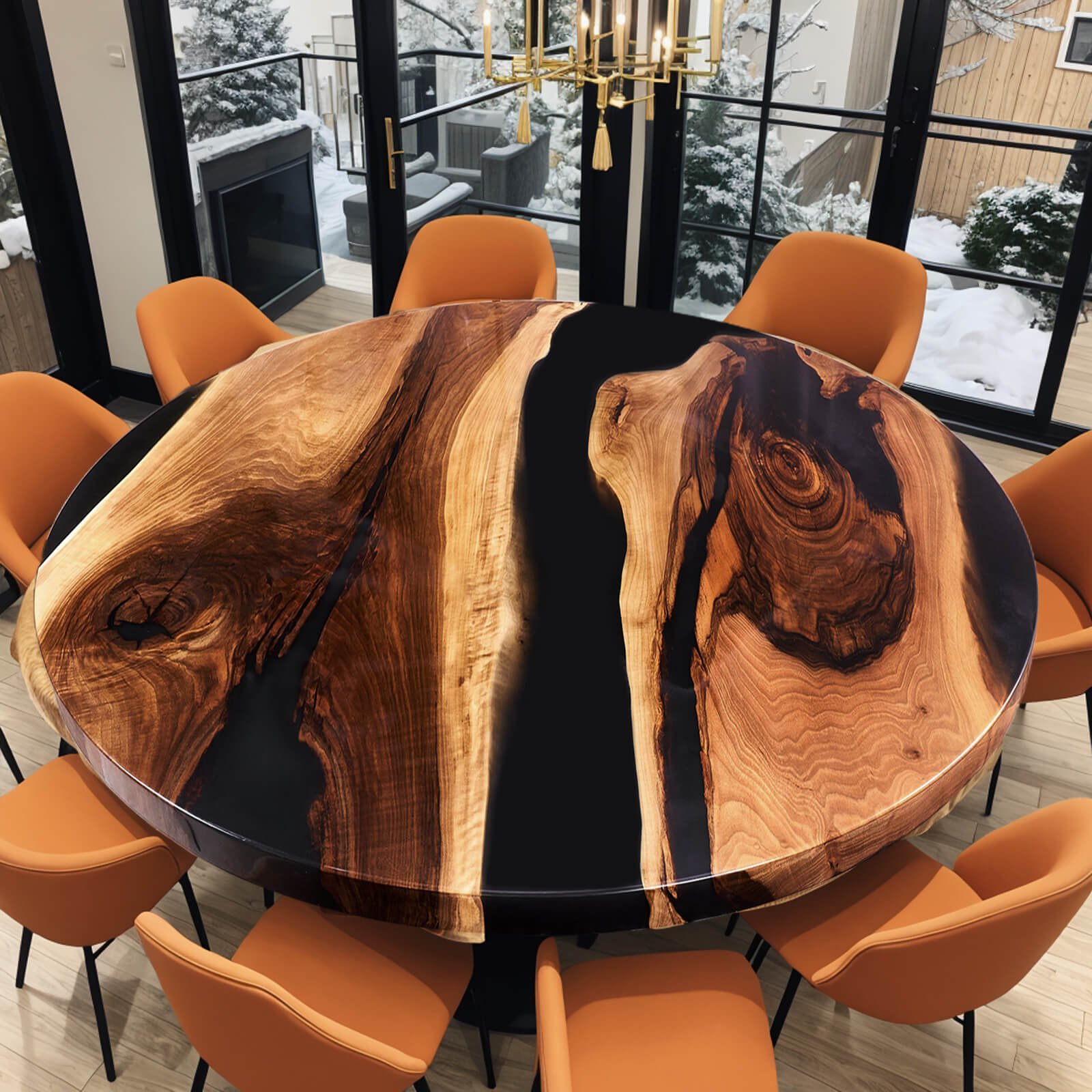 Custom Black Walnut Epoxy Resin Round Coffee Table Black Resin ORT-86