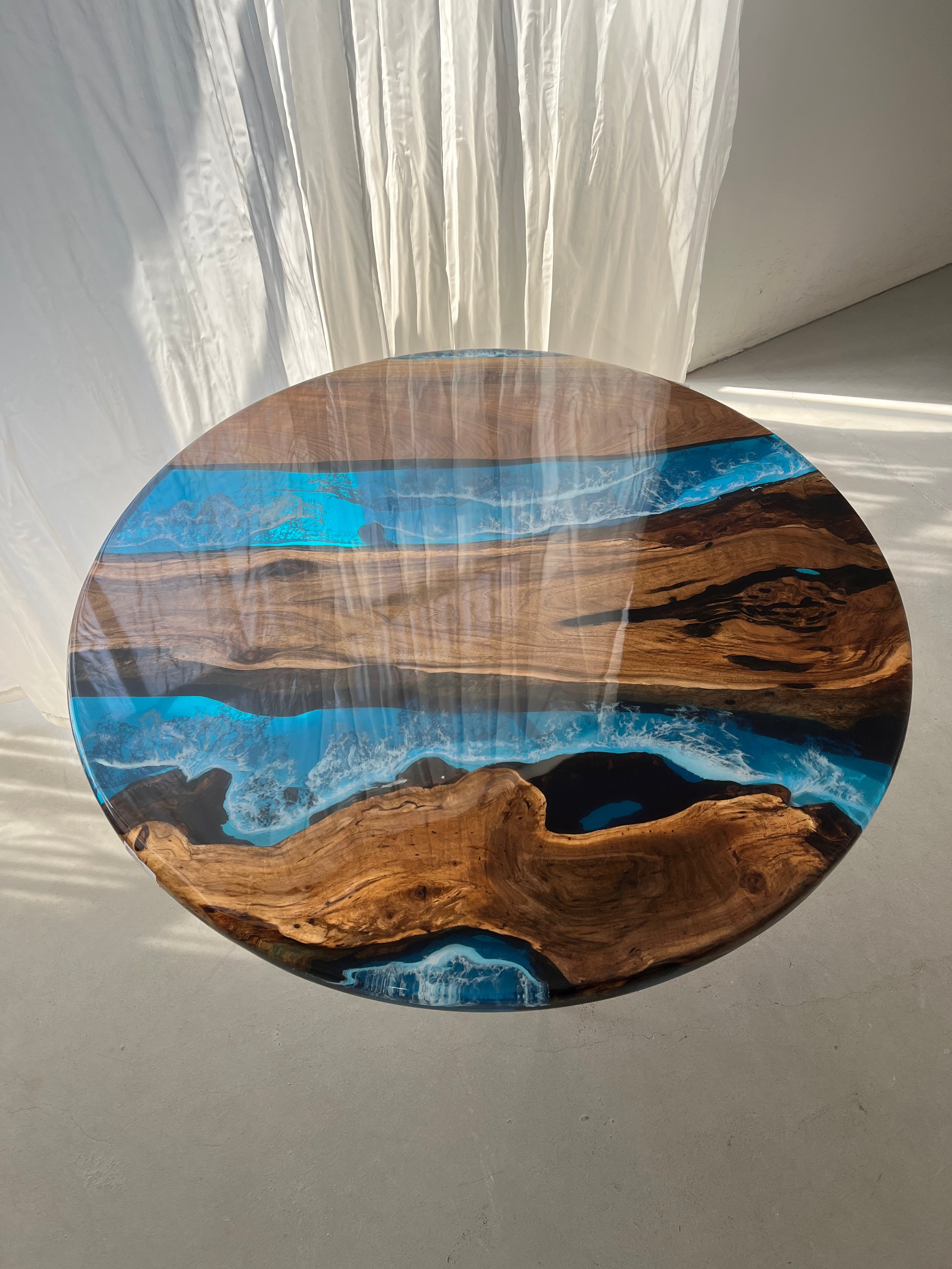 Custom Black Walnut Epoxy Resin Round Coffee Table Blue Resin ORT-26