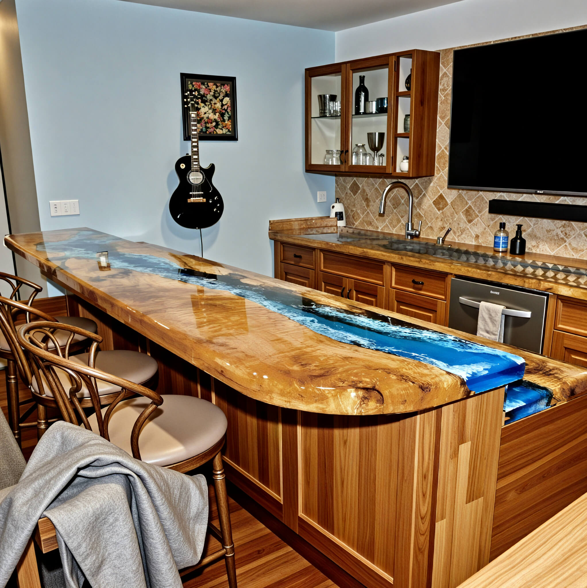 Custom Olive Epoxy Resin River Kitchen Countertop Blue Waves ERS-63
