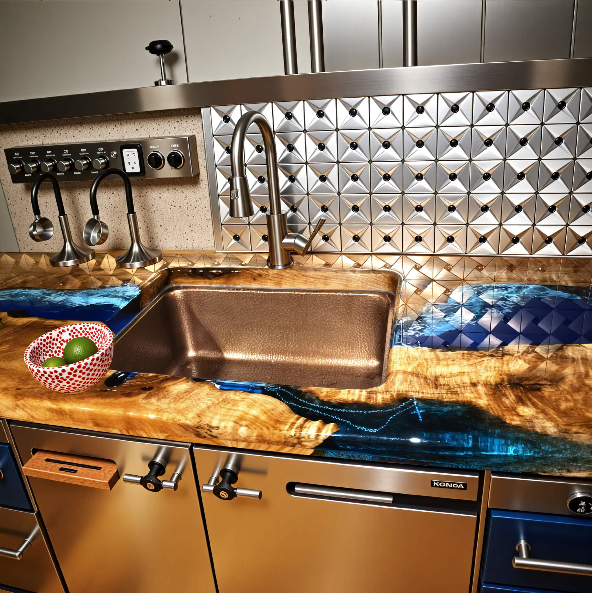 Custom Olive Epoxy Resin River Kitchen Countertop Blue Waves ERS-63