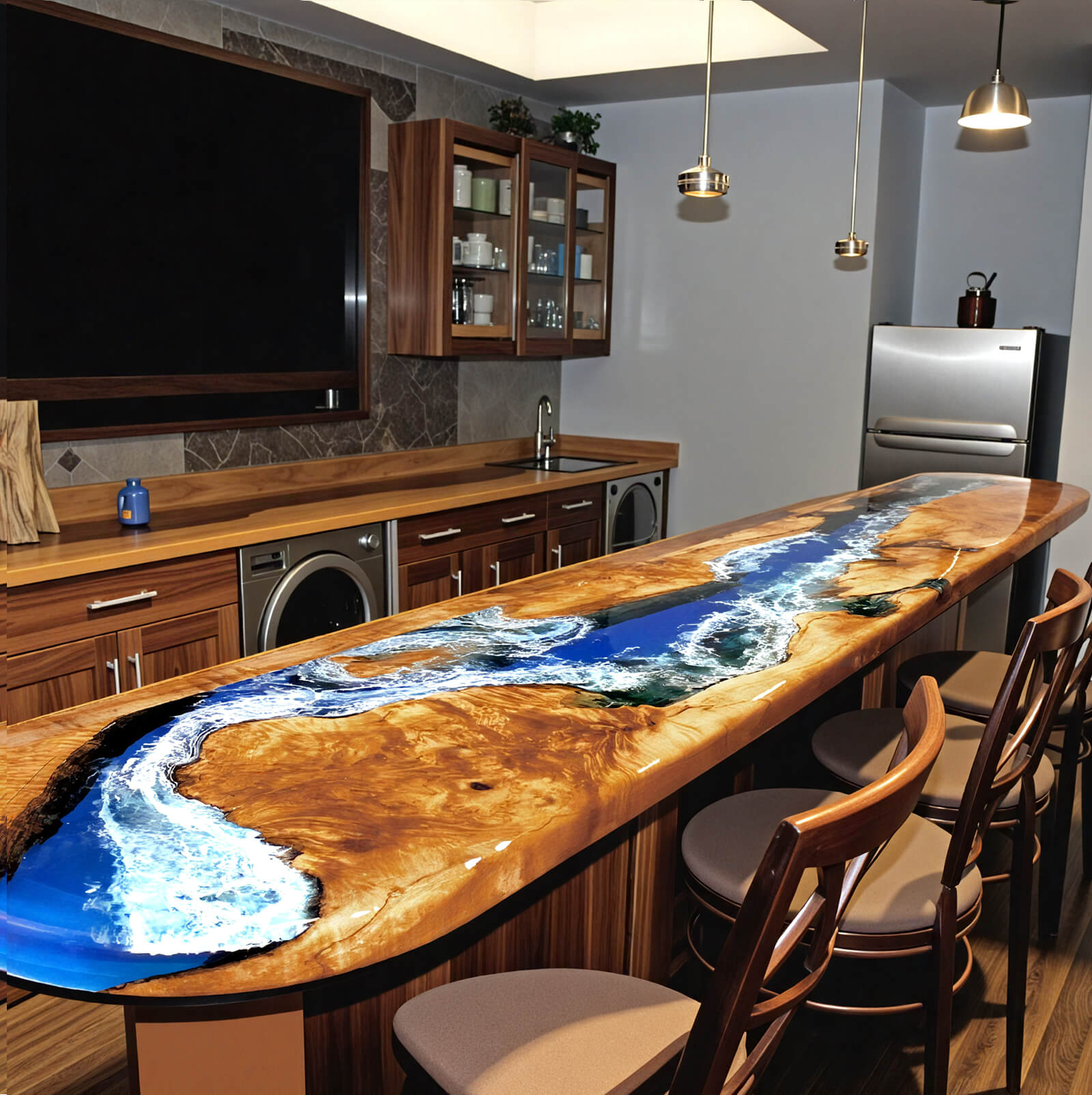 Custom Olive Epoxy Resin River Kitchen Countertop Blue Waves ERS-63