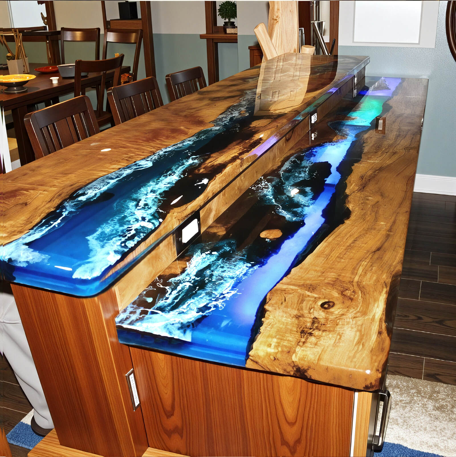 Custom Olive Epoxy Resin River Kitchen Countertop Blue Waves ERS-63