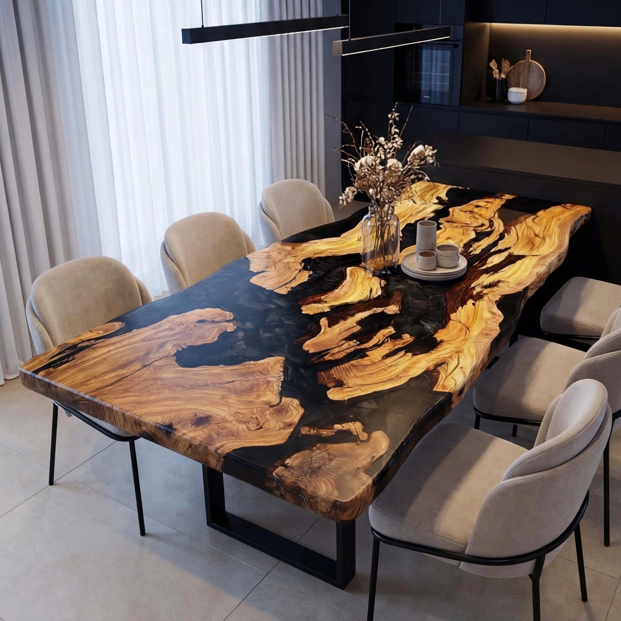 Custom Olive Epoxy Resin River Table Black Pearl RRT-45